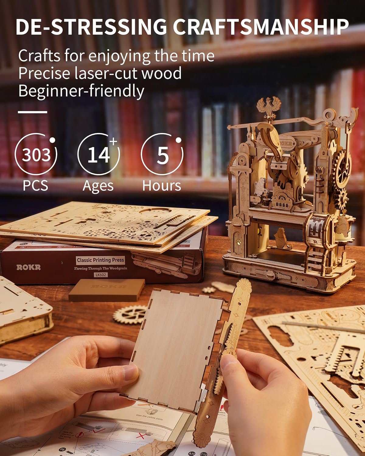 3D Puzzle for Adults, Classic Printing Press Wooden Puzzles Model Building Kits, DIY Wood Crafts Cool Toys Birthday, Collage Aesthetic, STEM Art Hobbies for Men Women (LK602)-uFunSpace