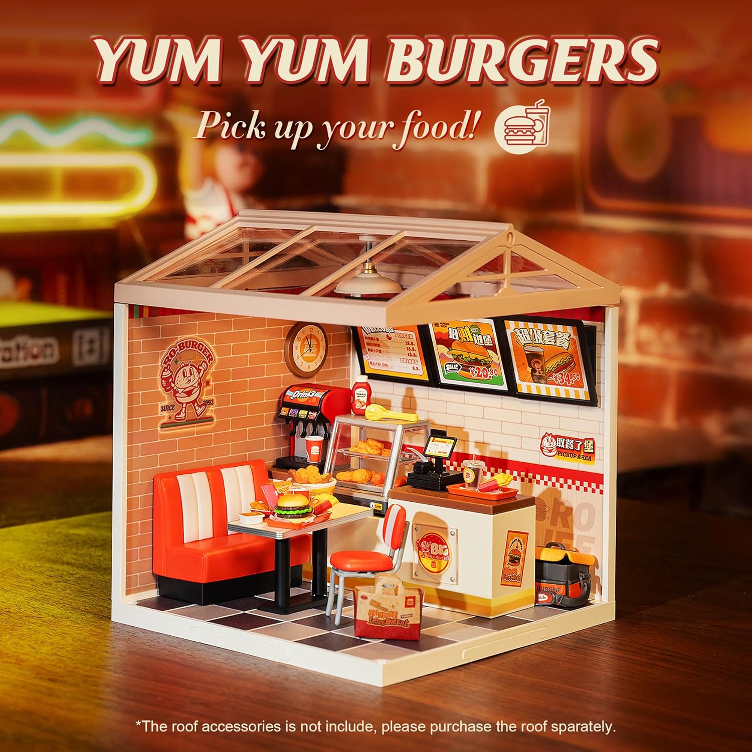 DIY Miniature Plastic House Building Set Toys Playset with LED Suitable for Mini Figures Construction Toys Diorama Kit Gifts for Teens Adults (Yum Yum Burgers)-uFunSpace