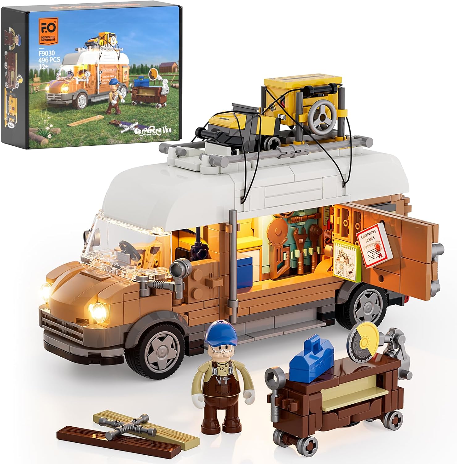 Carpentry Van Lighting Building-Bricks Set - Farm Woodworker Car Collectible Display Set 496 Pcs for Adults and Teen-uFunSpace