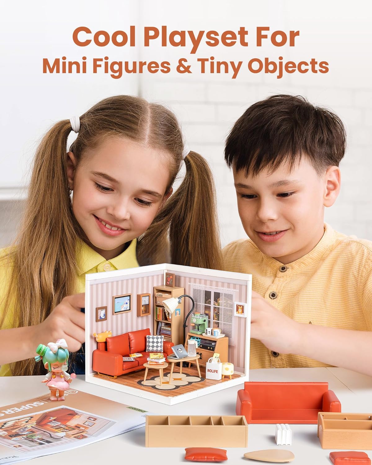 DIY Miniature Plastic House Building Set Toys Playset with LED Suitable for Mini Figures Construction Toys Diorama Kit Gifts for Teens Adults (Cozy Living Lounge)-uFunSpace