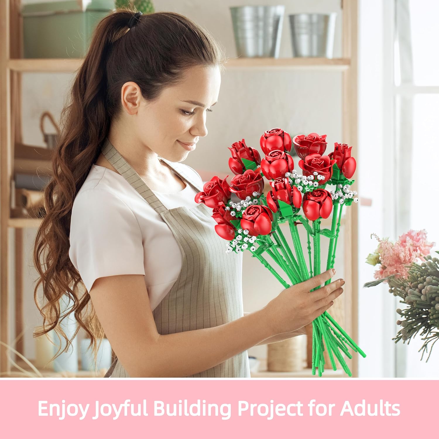 Rose Flowers Bouquet Building Set, 960PCS Roses Artificial Flowers Botanical Collection for Dinner Table Home Decor, Christmas Valentines Day Gifts Thanksgivings Gifts Flower Decorations-uFunSpace