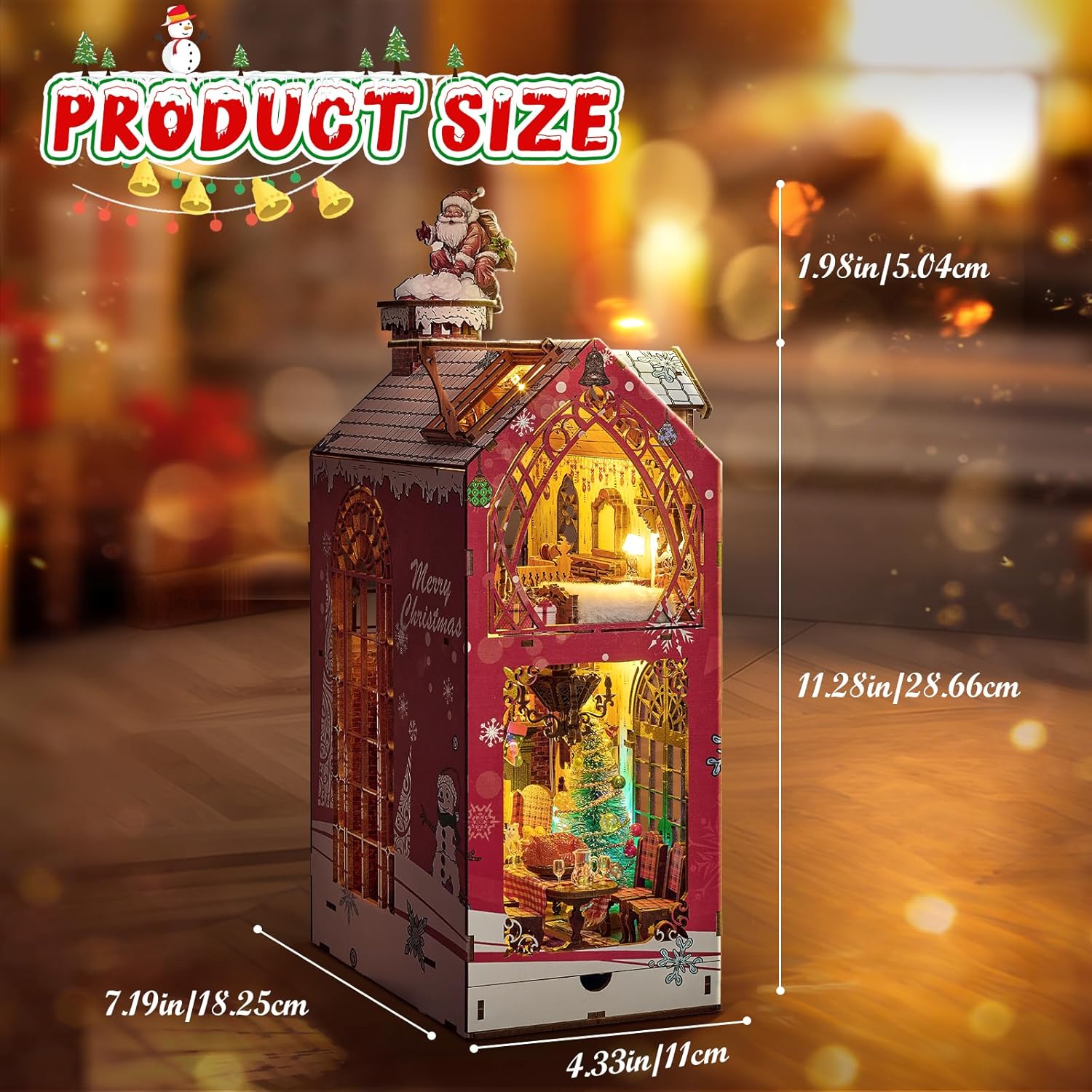 Large size Christmas book nook dimensions 11 inches high for bookshelf decor-uFunSpace