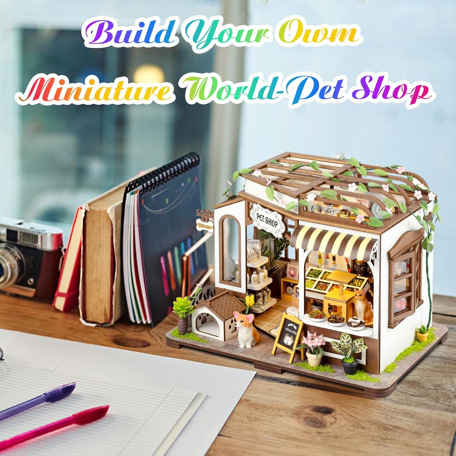 DIY Miniature House Kit,Tiny House Pet Shop with Furniture & LED,DIY Dollhouse Miniature Kit for Adults Teen,Mini House Building kit,3D Wooden Craft Mini Model Kit,Birthday Gifts Home Decor-uFunSpace