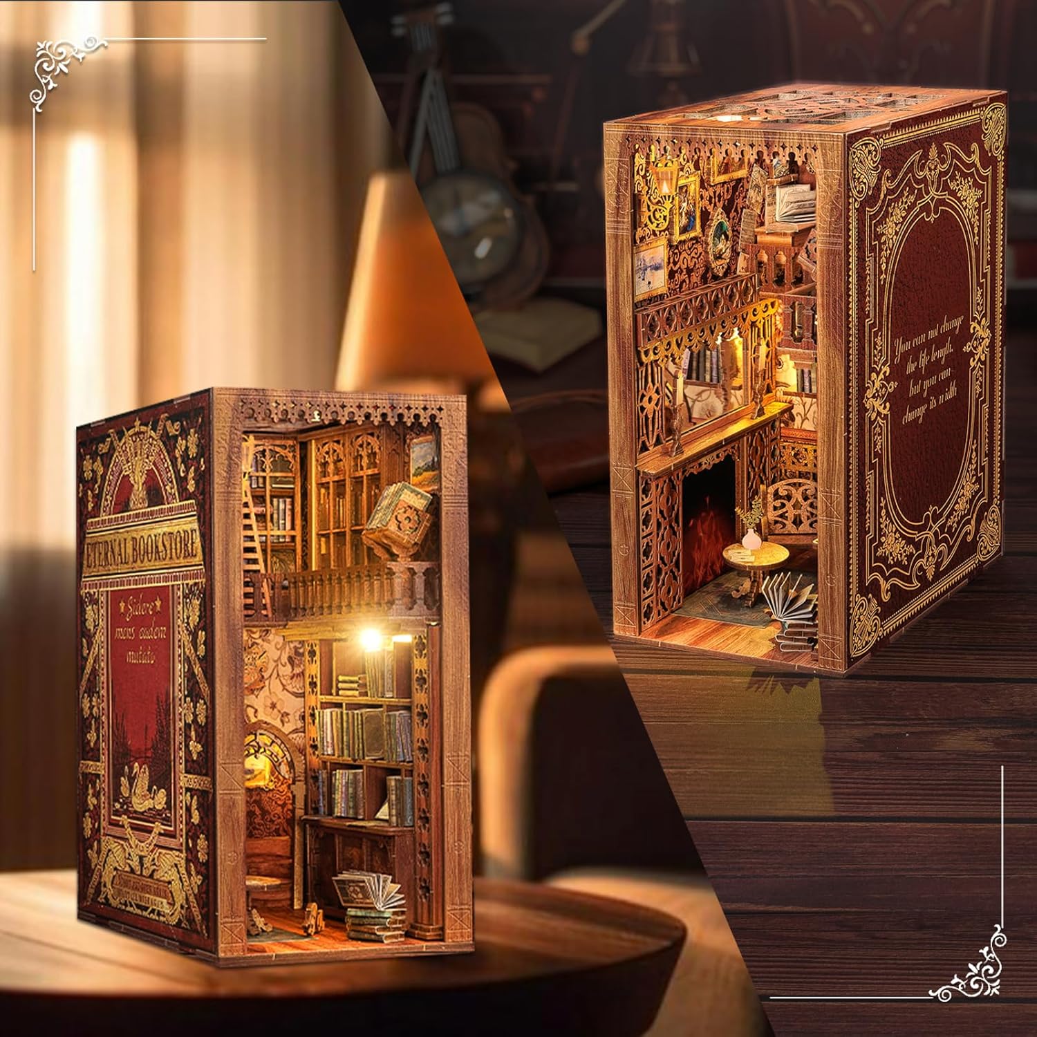 Book Nook Kit - DIY Miniature House Dollhouse Kit for Adult and Teens, Booknook Bookshelf Decor Alley Model Build with LED Light, Gifts for Family and Friends (Eternal Bookstore)-uFunSpace