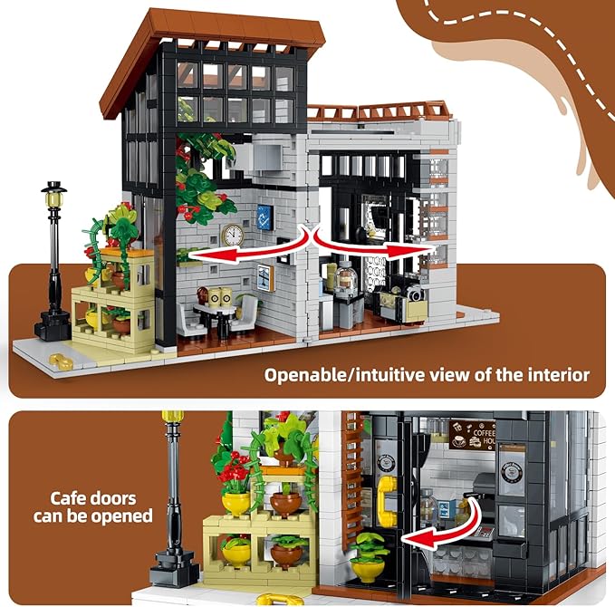 City Cafe Architecture Building Kit,Coffee House Model Building Blocks Toy with LED Light for Teen, Adult(1512 Pieces)-uFunSpace