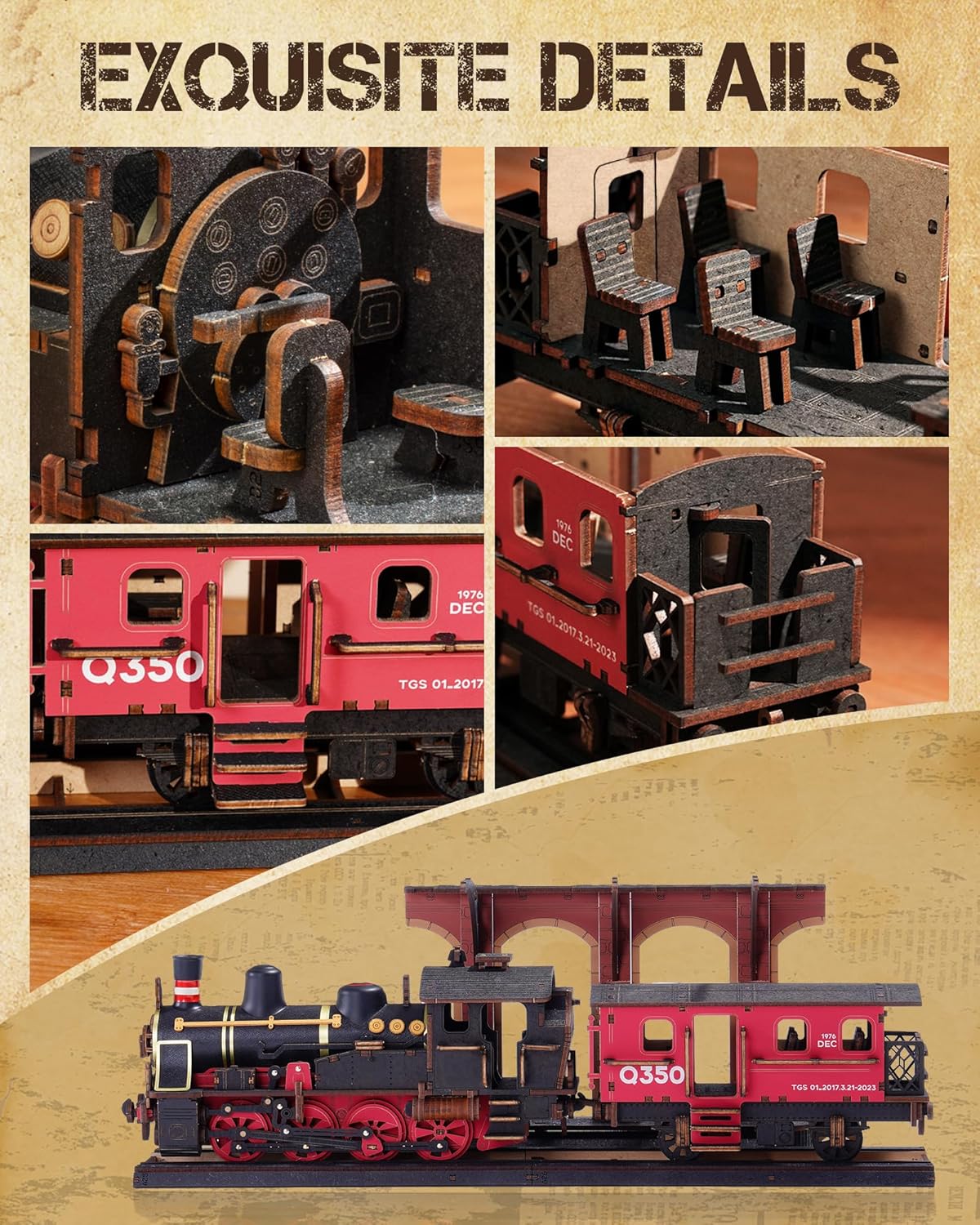 3D Puzzles for Adults Wooden Puzzle DIY Model Steampunk Train Kit to Build Wood Craft Kit Toy Hobby Gift Home Decor (Steam Journey)-uFunSpace