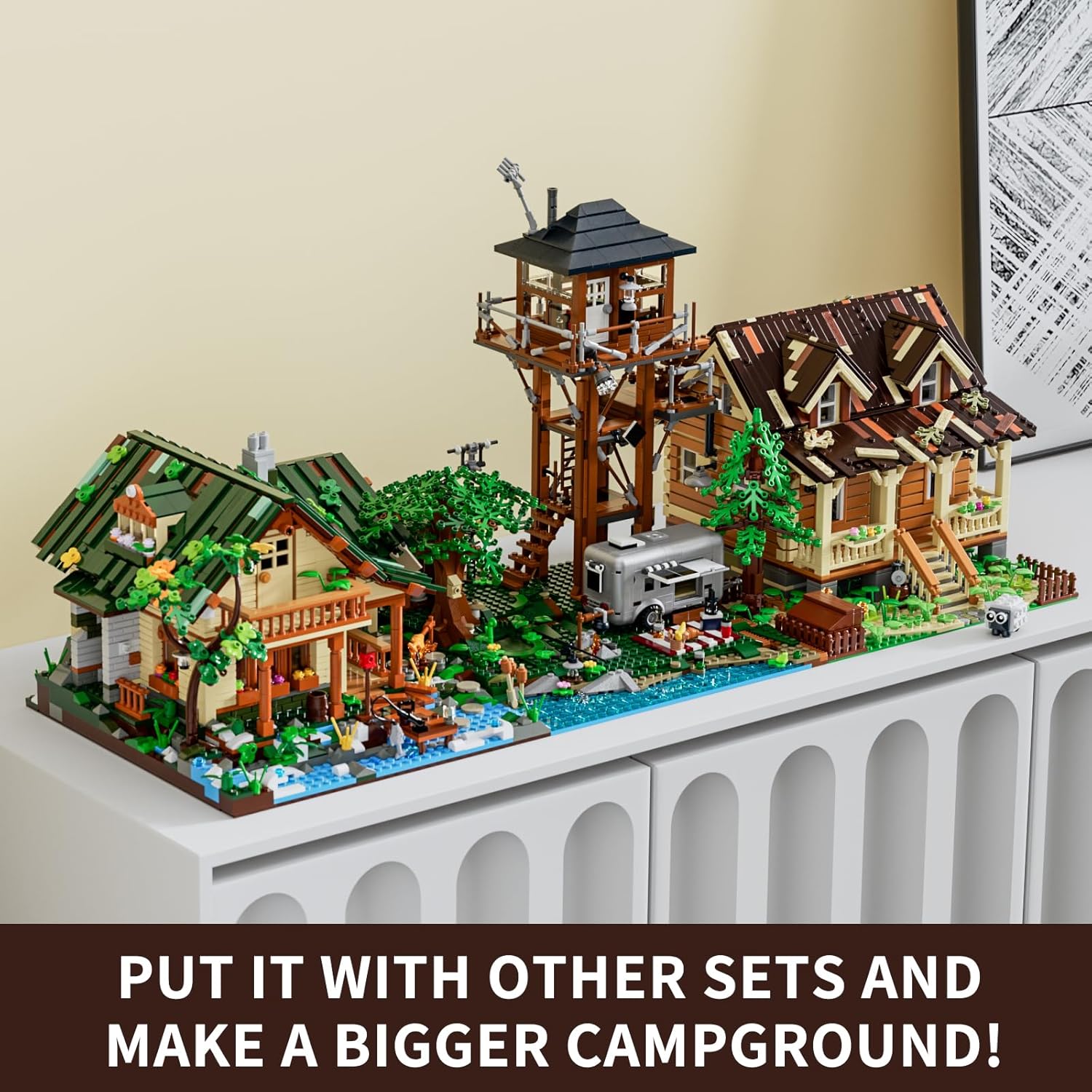 Campground Lighting Building-Bricks Set - Retro Wild Lookout Tower Camping Car and Family Minifigures LED Light Building Set 1426 Pcs for Adults-uFunSpace