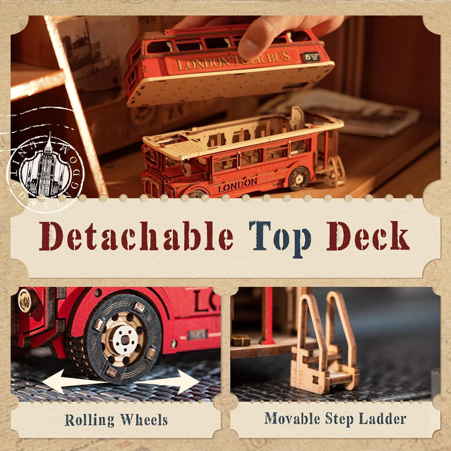 3D Puzzles for Adults Wooden Craft London Tour Bus DIY Model Kit to Build Educational Brain Teaser Toy for Kids Craft Decor Gift-uFunSpace