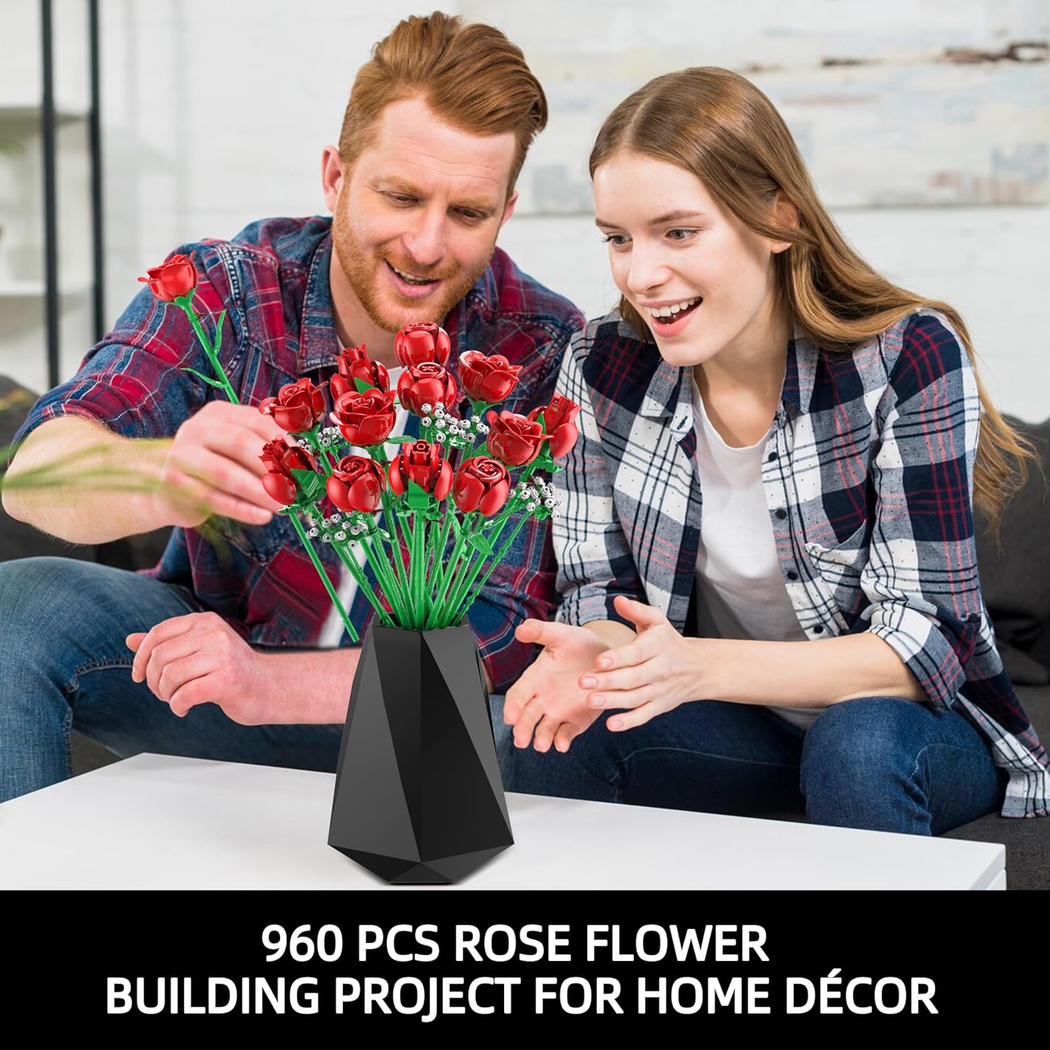 Rose Flowers Bouquet Building Set, 960PCS Roses Artificial Flowers Botanical Collection for Dinner Table Home Decor, Christmas Valentines Day Gifts Thanksgivings Gifts Flower Decorations-uFunSpace