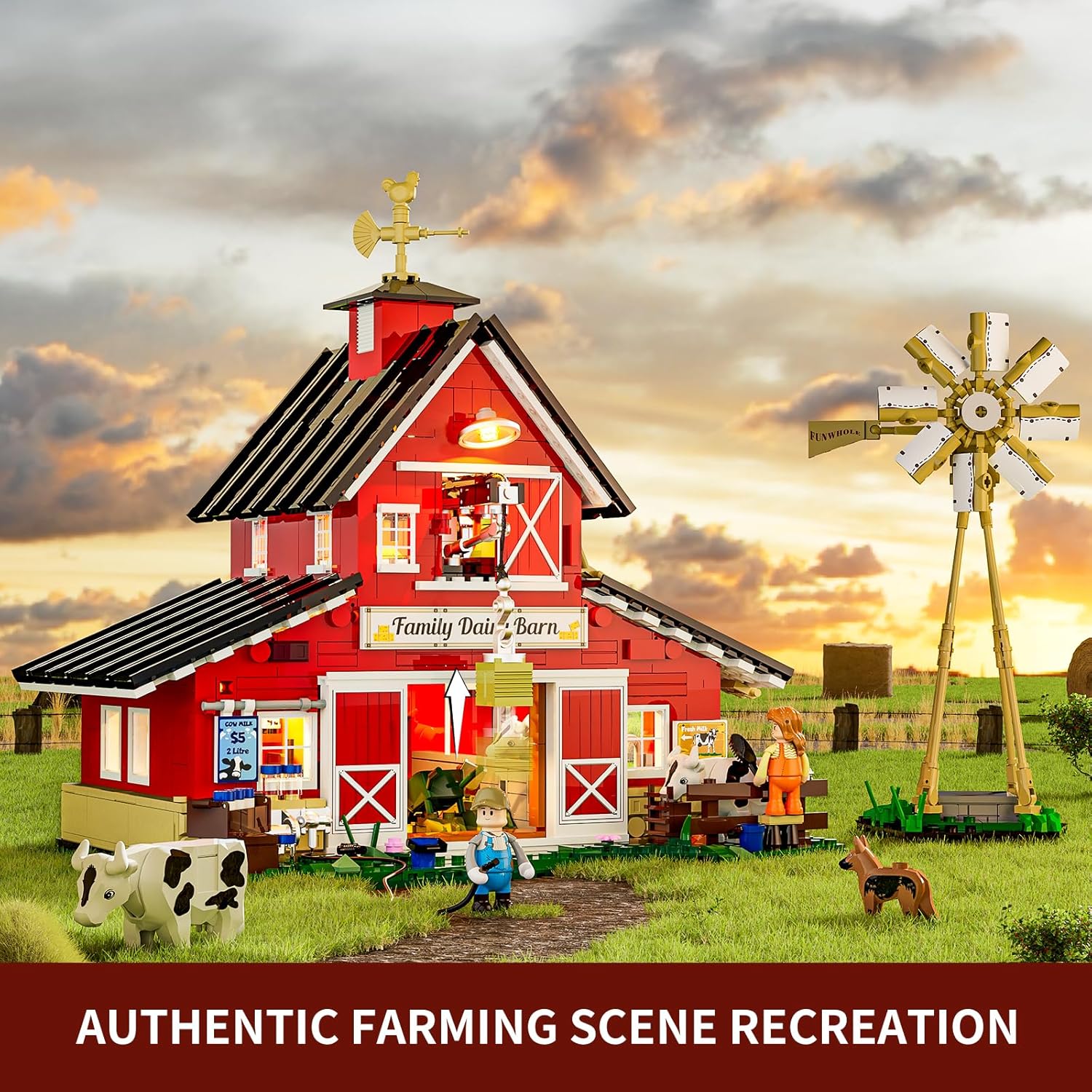 Farm Cow Barn Lighting Building Blocks Set - Farm Life Cow Barn House Series LED Light Building Construction Set 1368 Pieces for Adults and Teens-uFunSpace