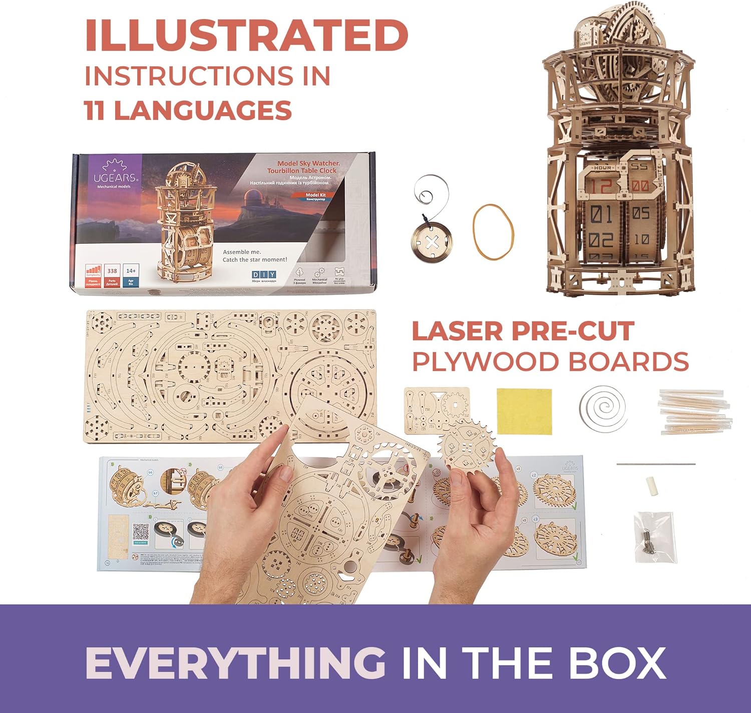 Wooden 3D Puzzles for Adults - Astronomer Table Clock with Tourbillon Model Kit - Mechanical Clock Kit Functional DIY Miniature Kit Wood Crafts for Adults - Gifts For Puzzle Lovers - 338 Pieces-uFunSpace