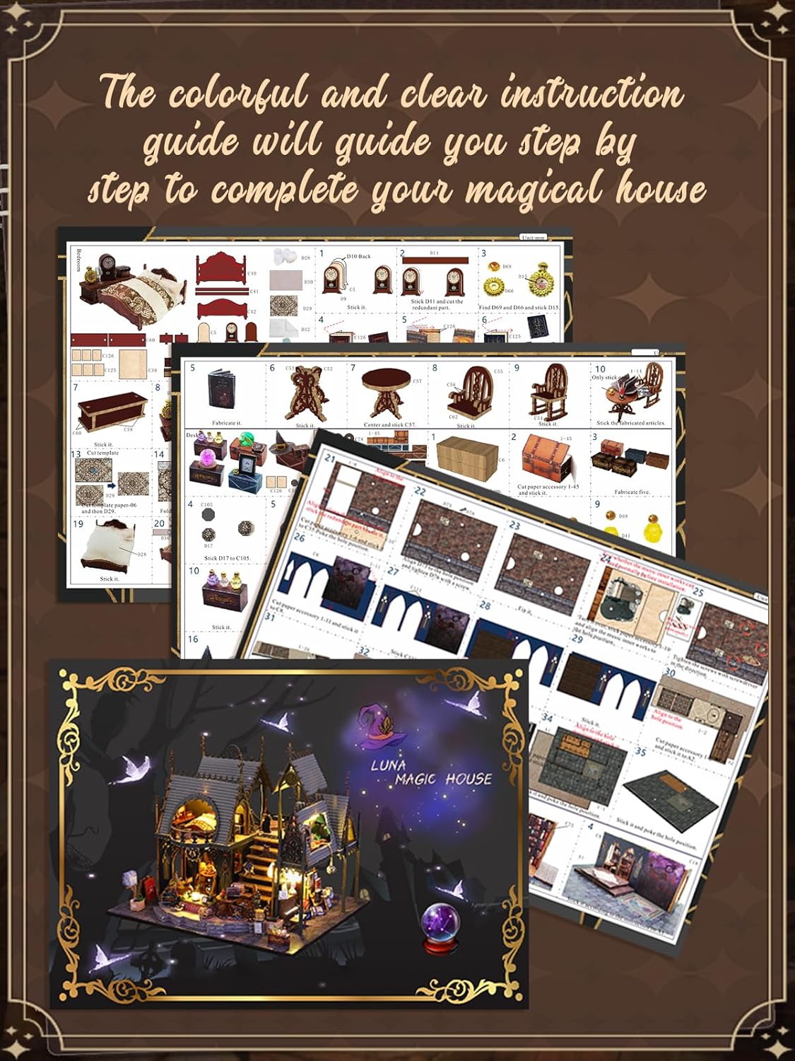 DIY Miniature House Kit,Magic Cabin House 3D Wooden Puzzles Dollhouse Bookshelf Insert Decor Alley,Miniature Dollhouse Bookends Model Build-Creativity Kit with LED Light-uFunSpace