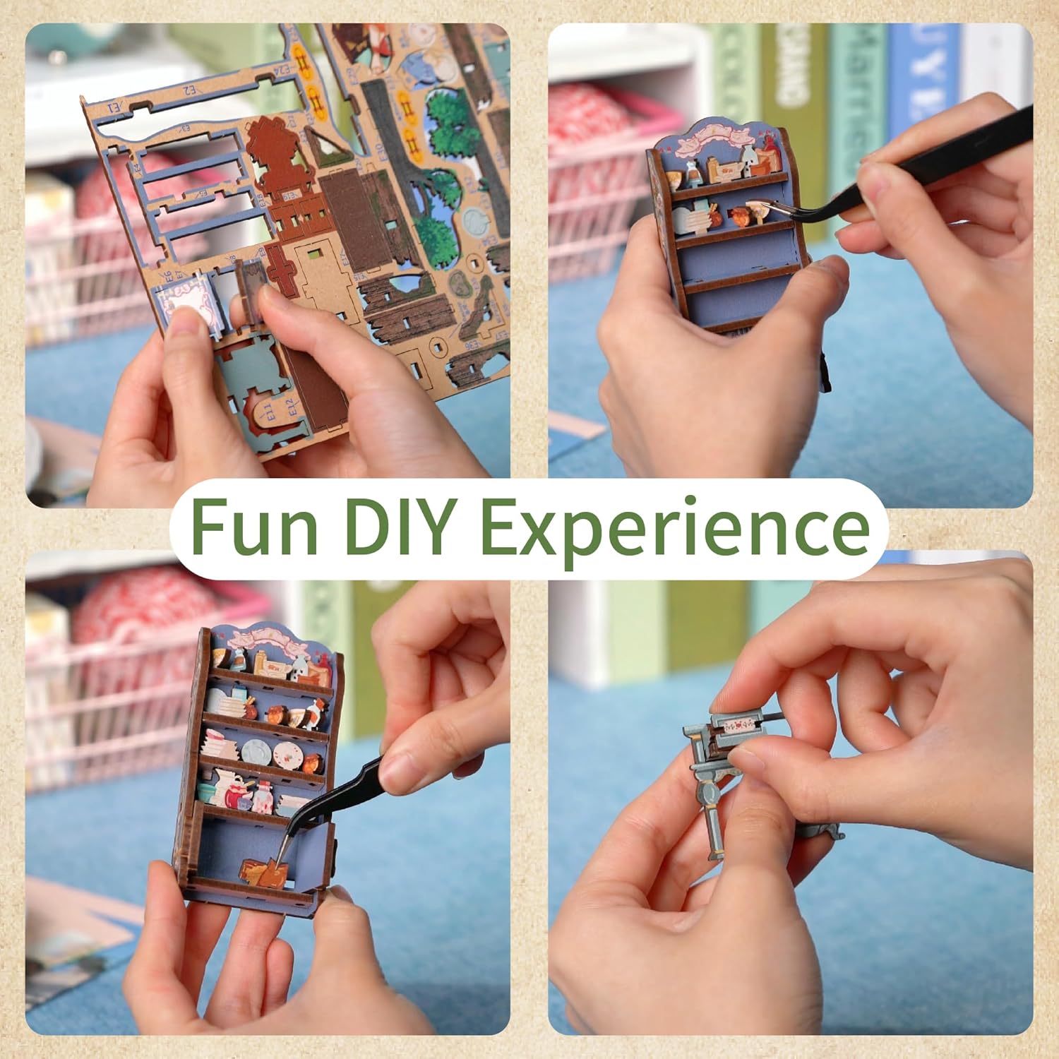 Hands assembling the Tonecheer DIY book nook using tweezers to place small wooden furniture parts.