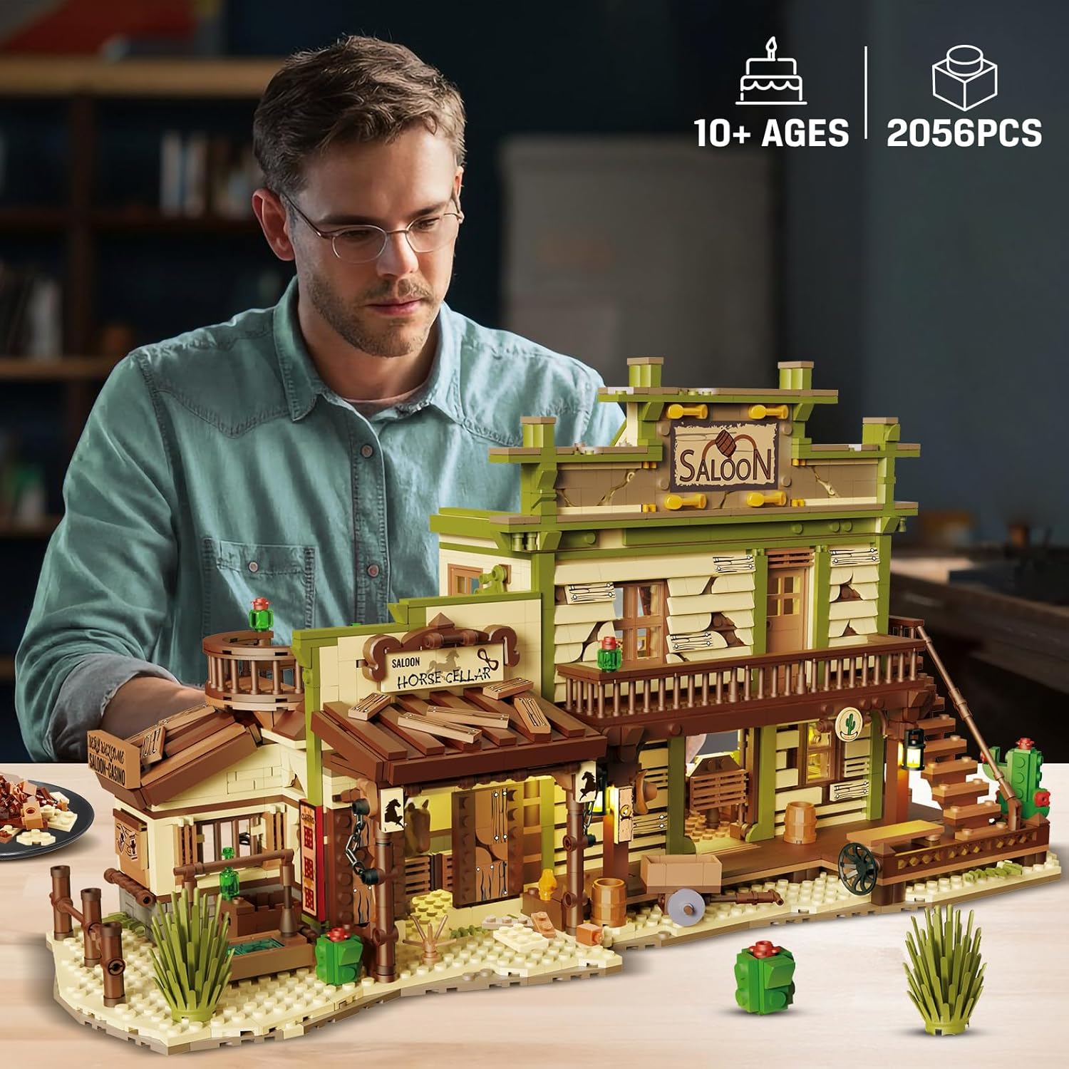 Western Saloon Building Set with LED Light, Wild West Mini Building Block for Adults, 2056 PCS Construction Model with Horse Stable Cowboy Hat, Building Toy for Teens Kids 10+-uFunSpace