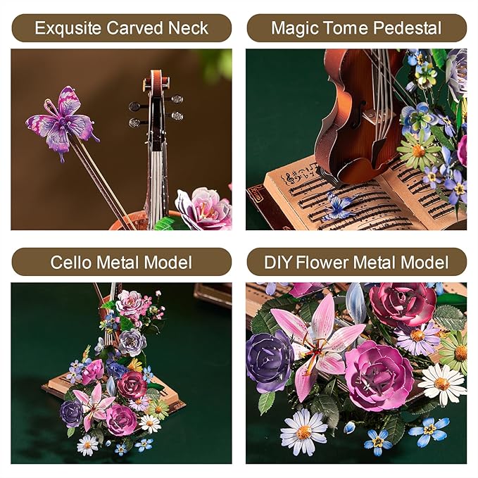 3D Metal Puzzles for Adults, Cello 3D Metal Model Kits for Adults to Build, DIY Flower Model Building Kit for Ages 14+ Adults Women Men, Difficult DIY for Assembly, Birthday Gifts for Women Men Hobby-uFunSpace