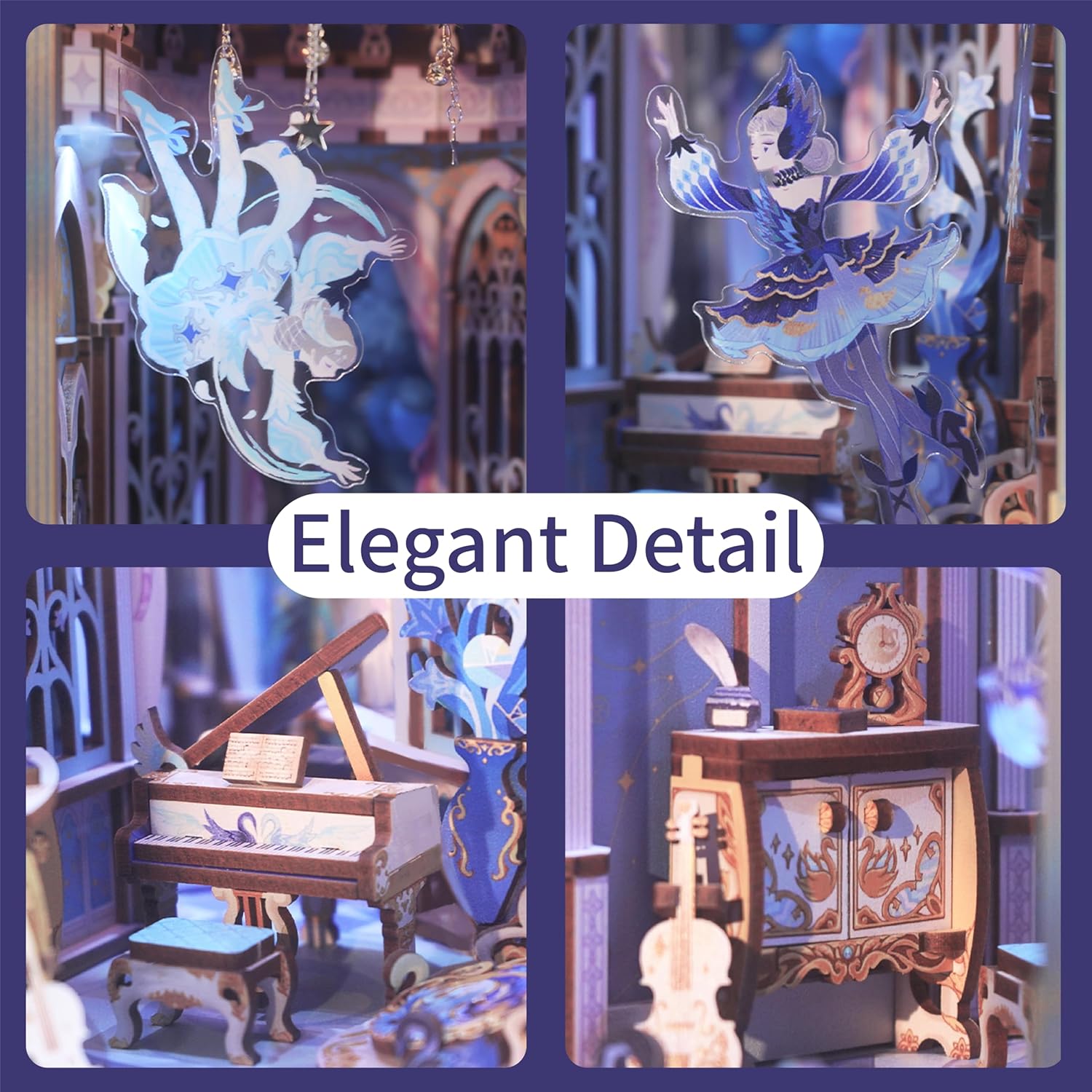 DIY Book Nook Kit for Adults, Wooden 3D Puzzle Music Box Bookend Bookshelf Insert Decor, Automatic Rotation Booknook Miniature House Kit with Dust Cover and LED Light (Swan Dream)-uFunSpace