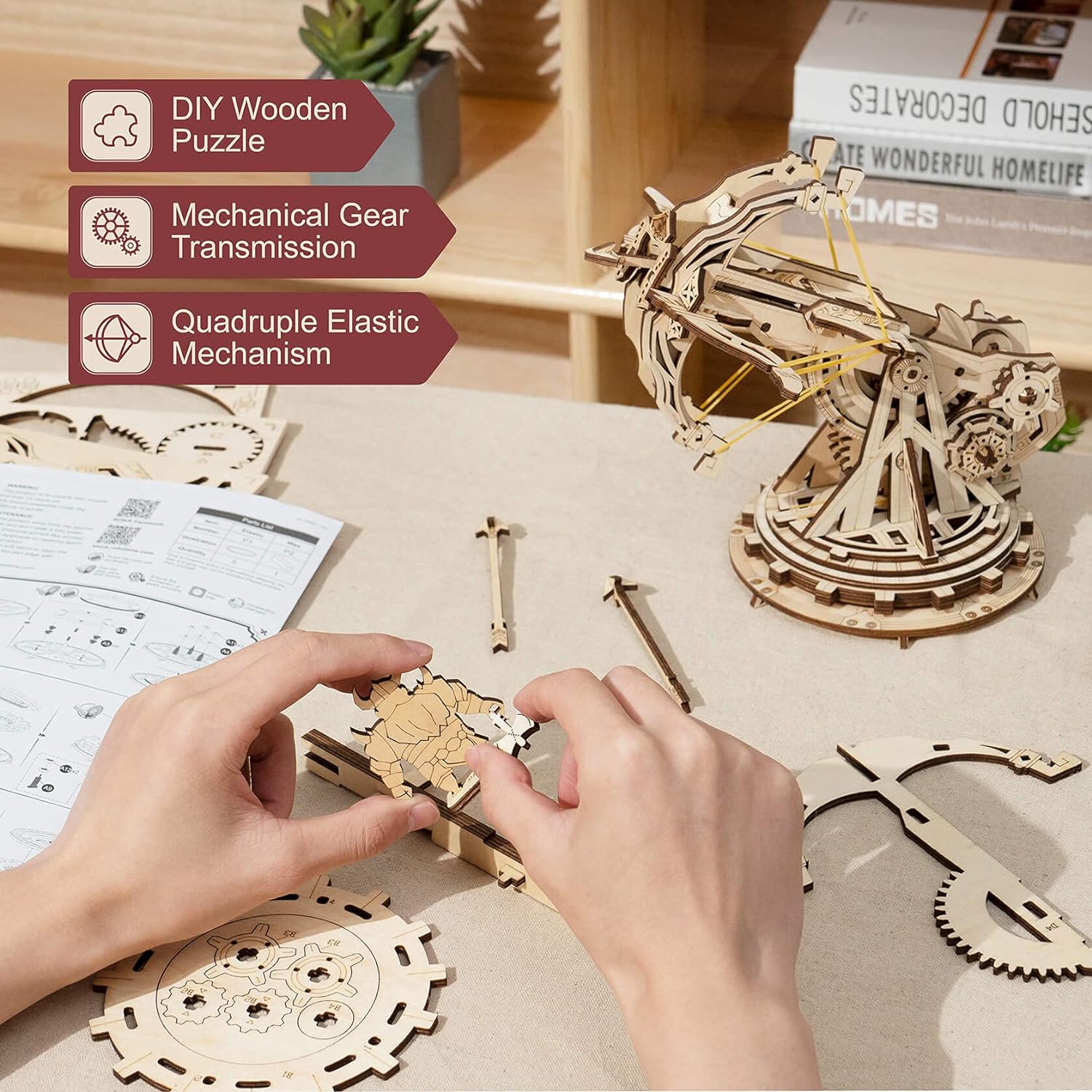 3D Wooden Puzzles for Adults, DIY Wooden Ballista Launcher Toys Building Model Kits STEM Projects Toys for Boys/Girls-uFunSpace