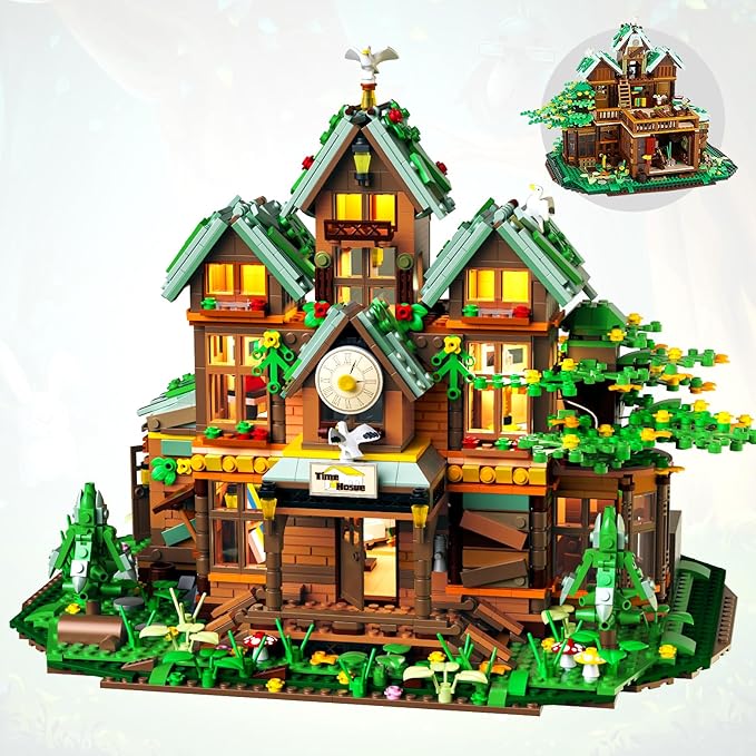 Time House Cabin Building Set with LED Light, 2198 PCS Wood Cabin Mini Ideas Creative Architecture Building Block, Birthday Gift for Adults Ages 8-12+ Years（Not Compatible with Lego Set ）-uFunSpace