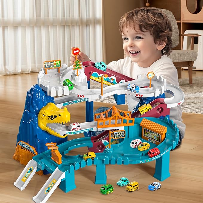 Boys Dinosaur Race Track Playset - Dinosaur Rolling Hill car Track for Kids, Car Ramp Track Toys for 3 4 5 6 7 Year Old Boys, Kids Toys Mountain Track, Small Car for Kids-uFunSpace
