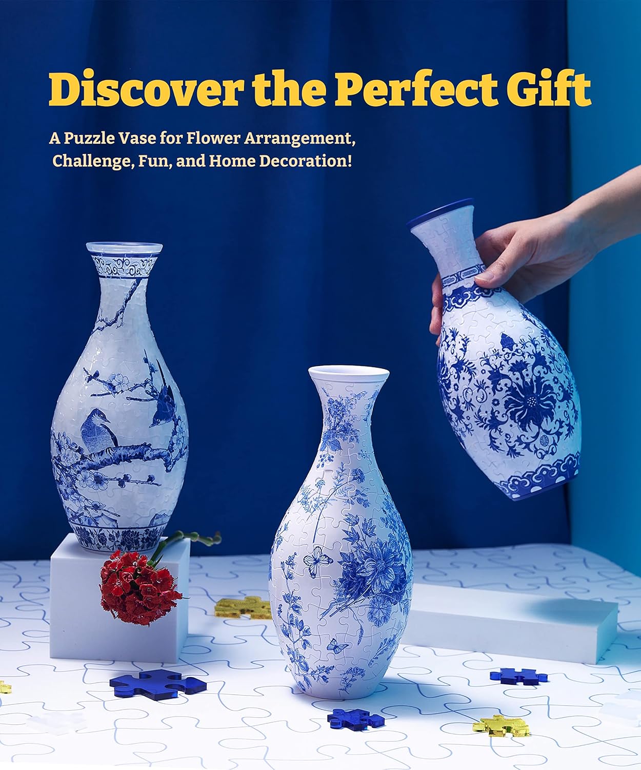 3D Puzzle Vase Unique Flower Vase Made by 160 Curved Plastic Puzzle Pieces House Warming Gift for Flower Arrangements and Home Decoration - [S1025] (Translucent, Magpies on Plum Tree)-uFunSpace