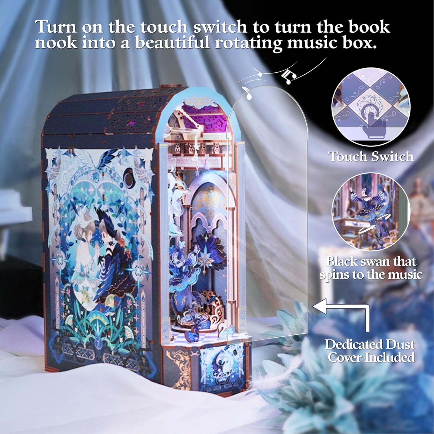 DIY Book Nook Kit for Adults, Wooden 3D Puzzle Music Box Bookend Bookshelf Insert Decor, Automatic Rotation Booknook Miniature House Kit with Dust Cover and LED Light (Swan Dream)-uFunSpace