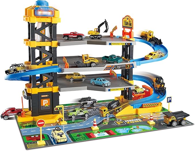 Parking Garage Toy Playset, Race Car Ramp Track Toys Sets Garage Playset with 6 Little Alloy Construction Cars Adventure Track-uFunSpace