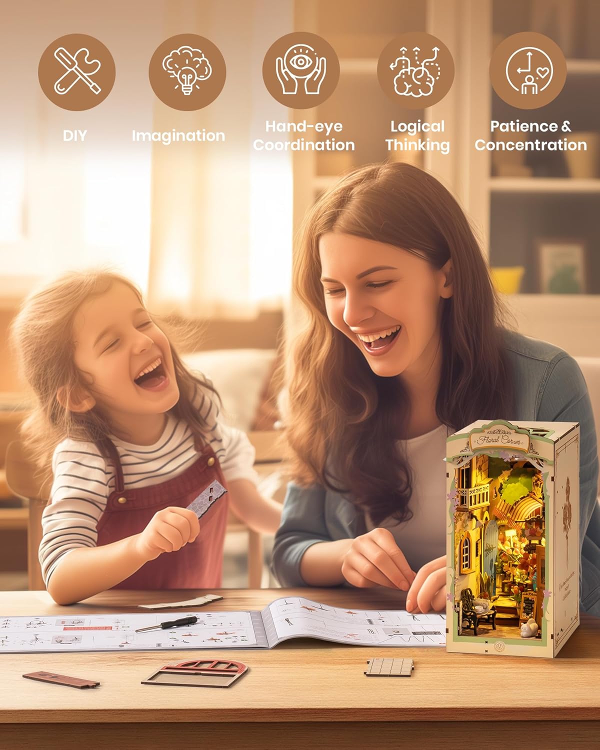Mother and child assembling DIY miniature house kit for educational fun-uFunSpace