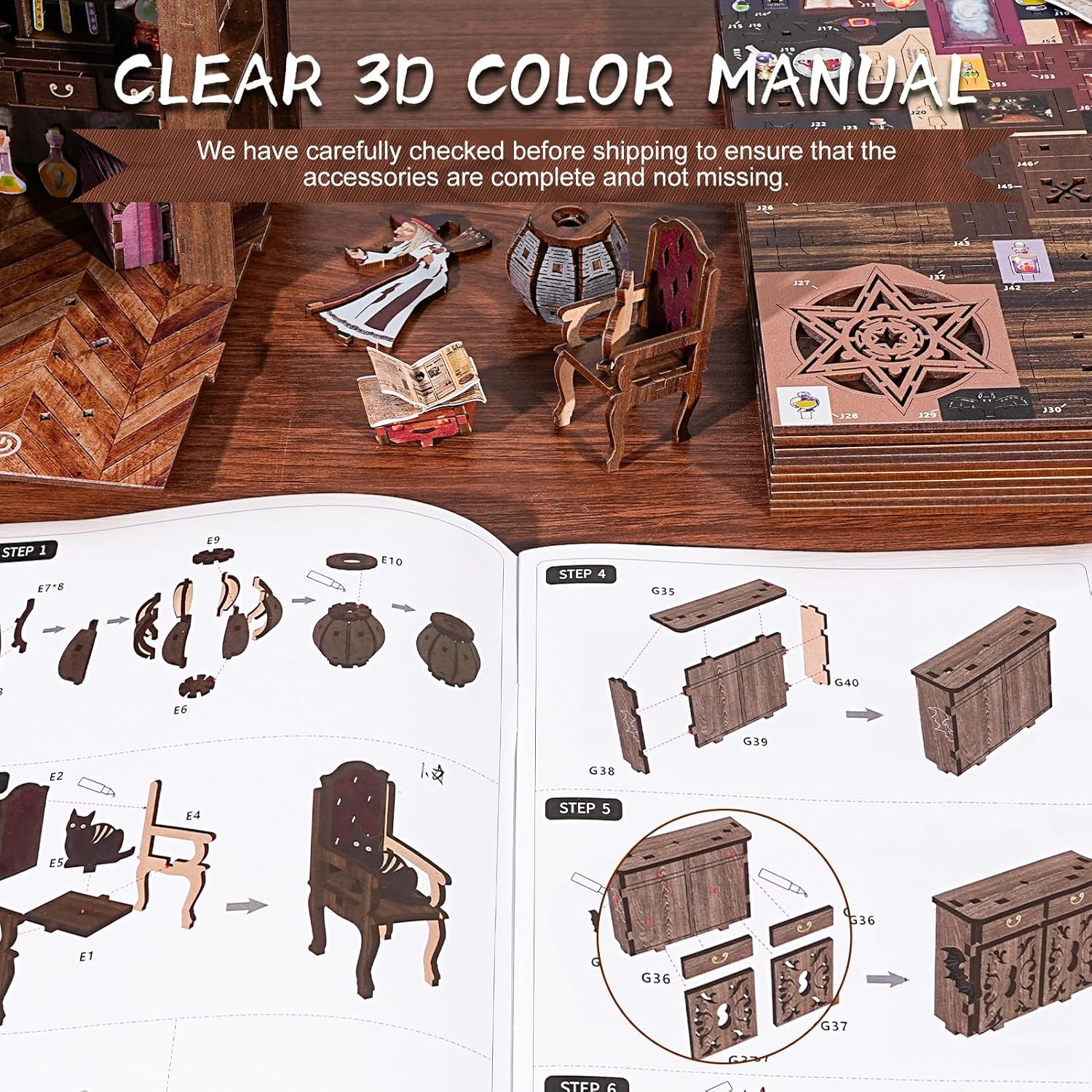 Clear 3D color assembly manual and wooden parts included in the Magic Night DIY Book Nook kit.-uFunSpace