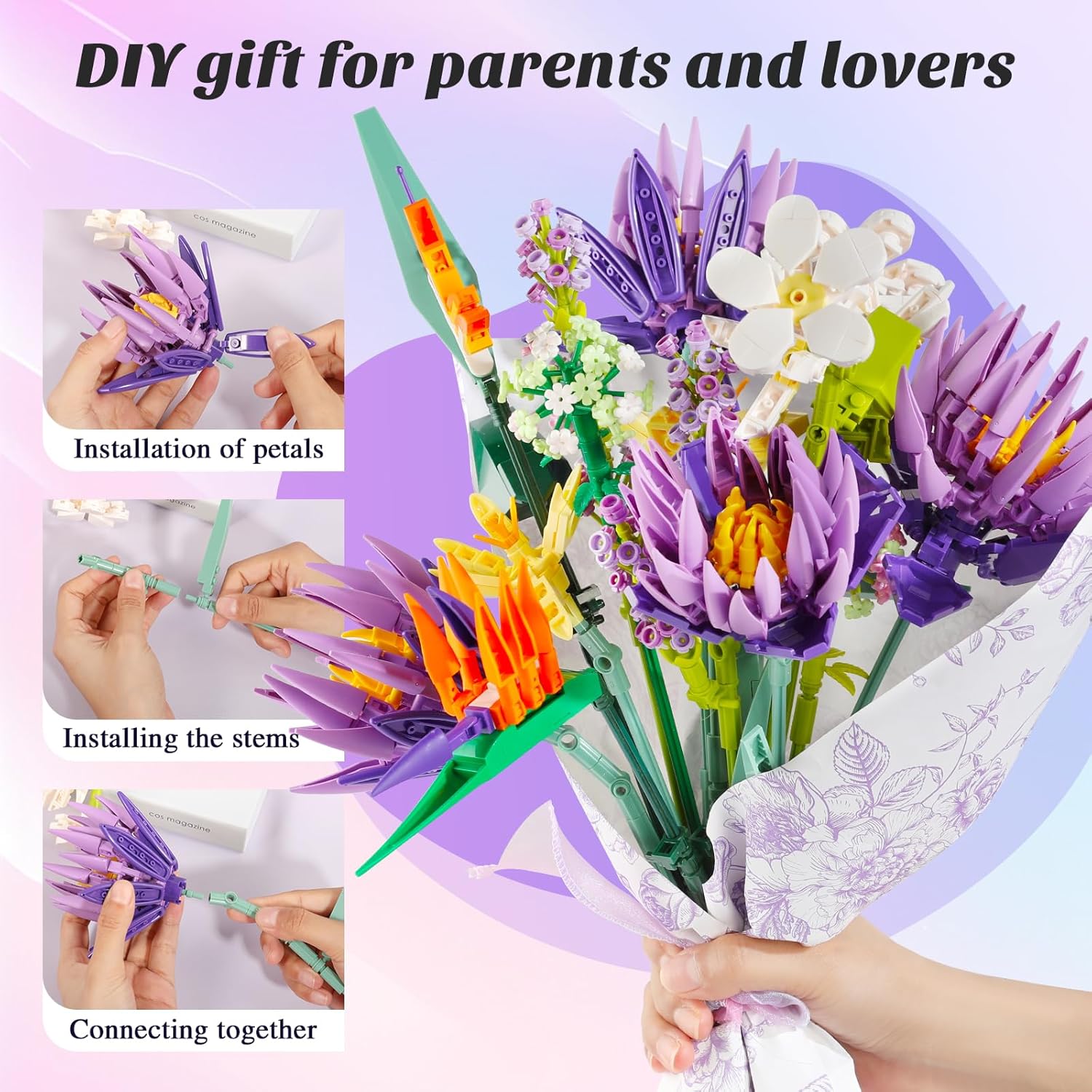 Flowers Bouquet Building Set, Creative 13 Artificial Wildflowers Botanical Collection Bird of Paradise for Adults Kids Home or Office Decor Christmas Valentine Mother's Day Birthday 891pcs (No Vase)-uFunSpace