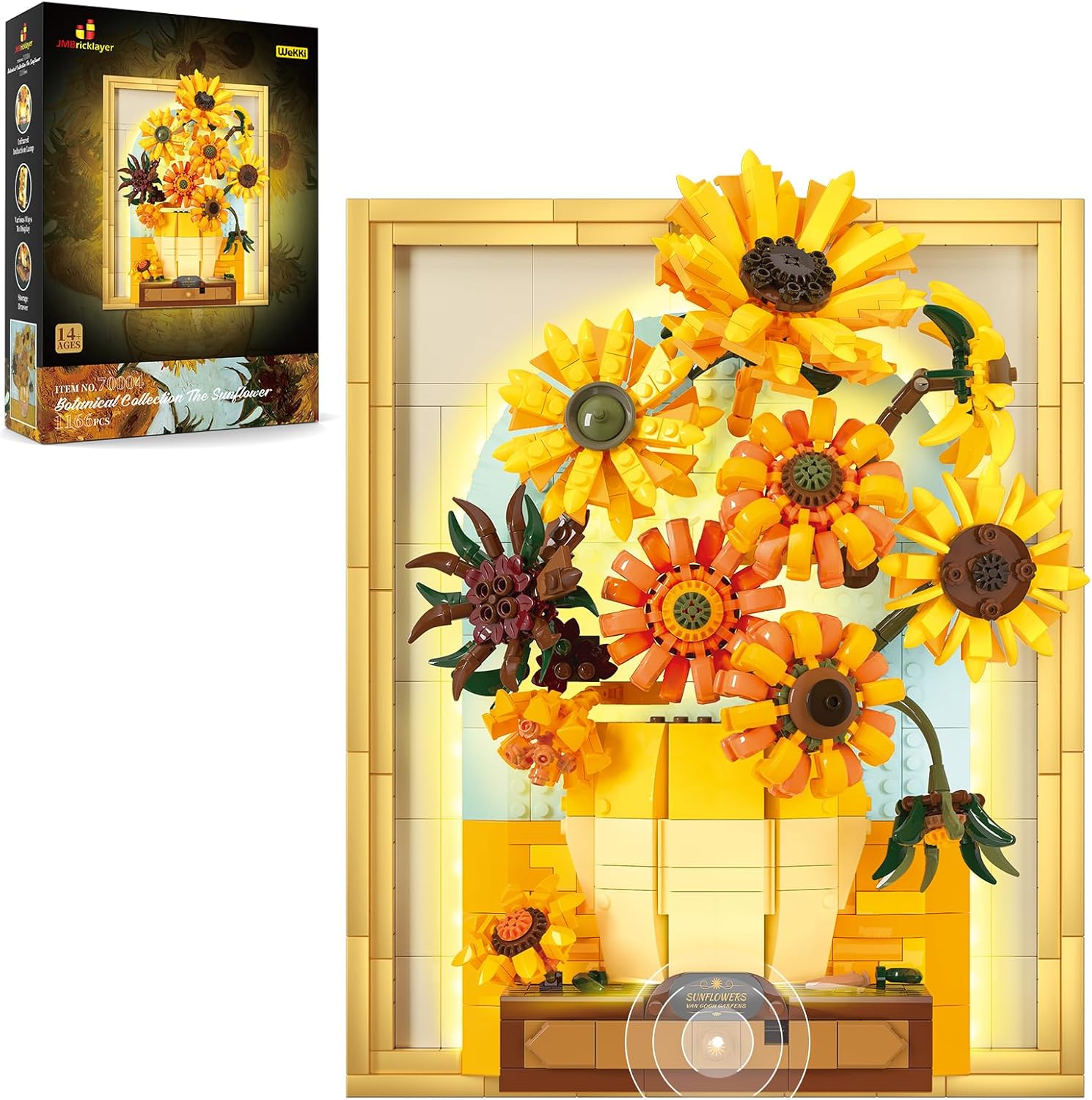 Flower Sunflower Building Block Set Adult with Light 70004 Van Gogh Wall Art Crafts Creative Bouquet, Painting Frame Room Decoration, Thanksgiving Christmas Birthday Gift for Women Girls-uFunSpace