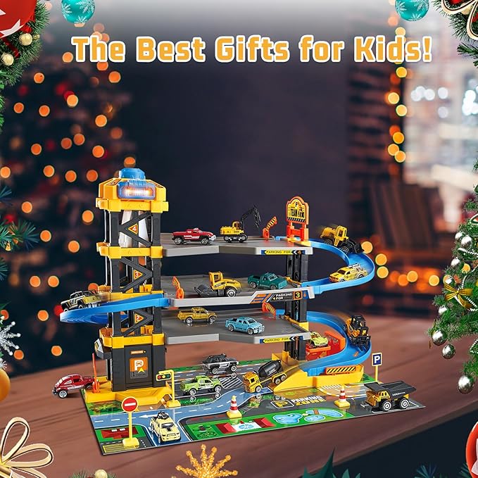 Parking Garage Toy Playset, Race Car Ramp Track Toys Sets Garage Playset with 6 Little Alloy Construction Cars Adventure Track-uFunSpace