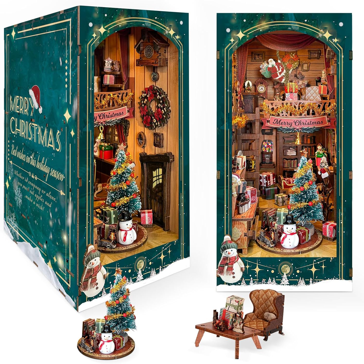 Tonecheer Jingle Cabin DIY book nook kit displaying a festive Christmas scene with Santa and snowman.-uFunSpace