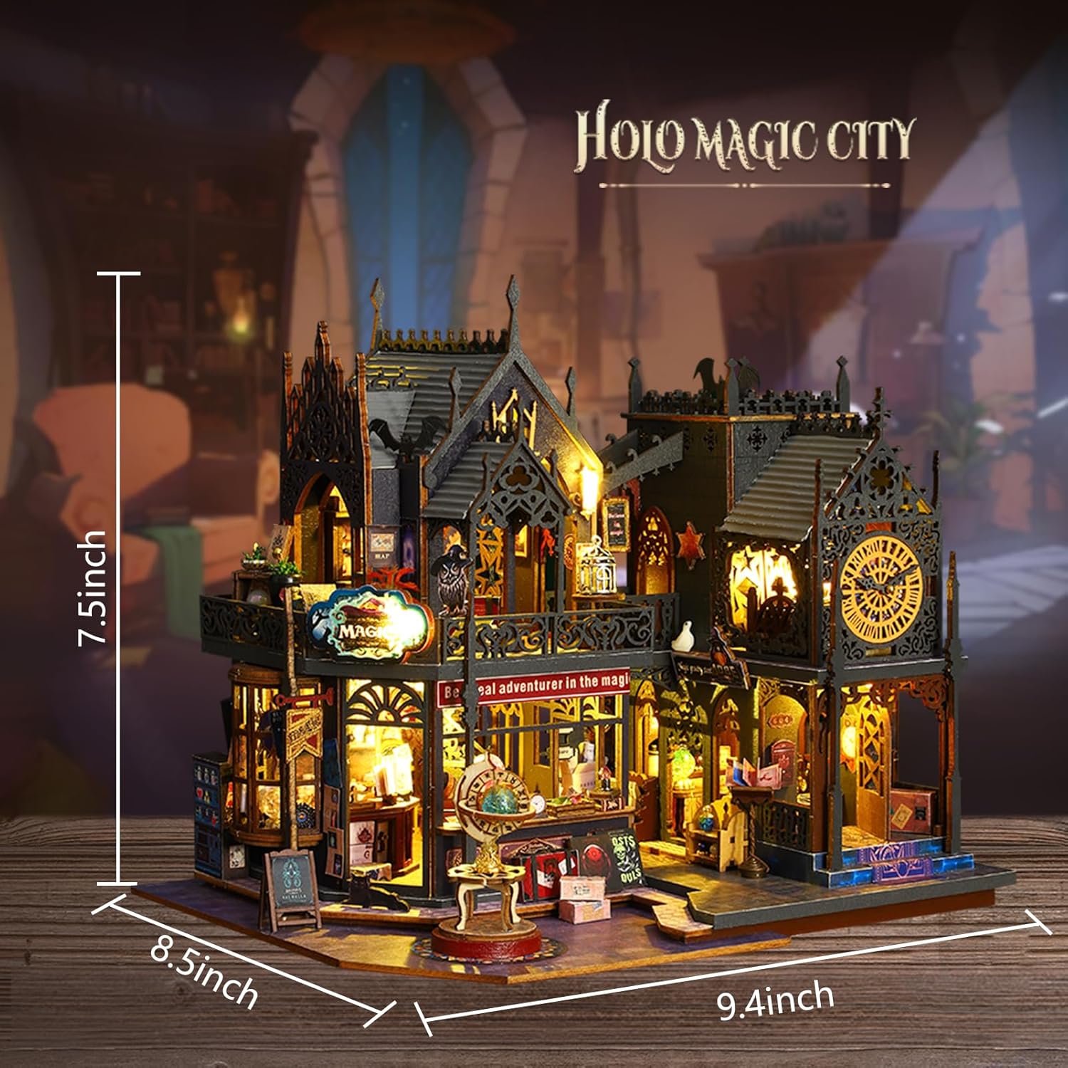 Miniature House Kit DIY Mini House Building Kit with LED Light, DIY Mini Dollhouse with Furniture Book Nook Kit, 3D Wooden Puzzle Wooden Bookend Shelf Insert Decro (Holo Magic City)-uFunSpace