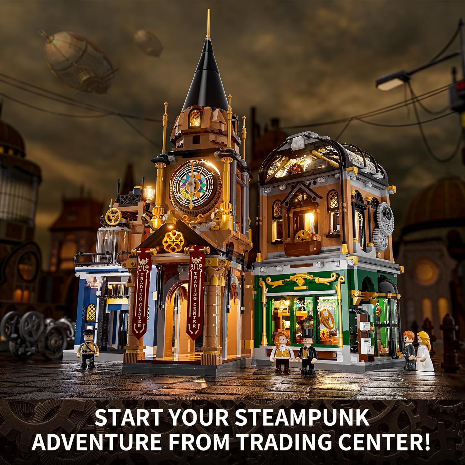 Steampunk Trading Center Lighting Building-Bricks Set - Steampunk World Architecture Model LED Light Construction Building Set 2680 Pcs for Adults and Teen-uFunSpace