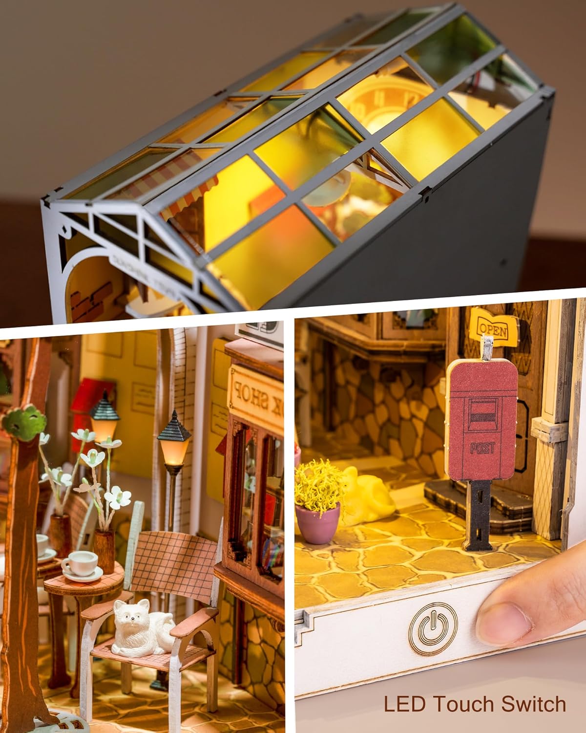 DIY Book Nook Kit 3D Wooden Puzzle for Adults 9.5" Bookshelf Indert Decor with LED Miniature Dollhouse Kit Bookend Crafts Diorama Hobbies Gifts for Boys Girls (Sunshine Town)-uFunSpace