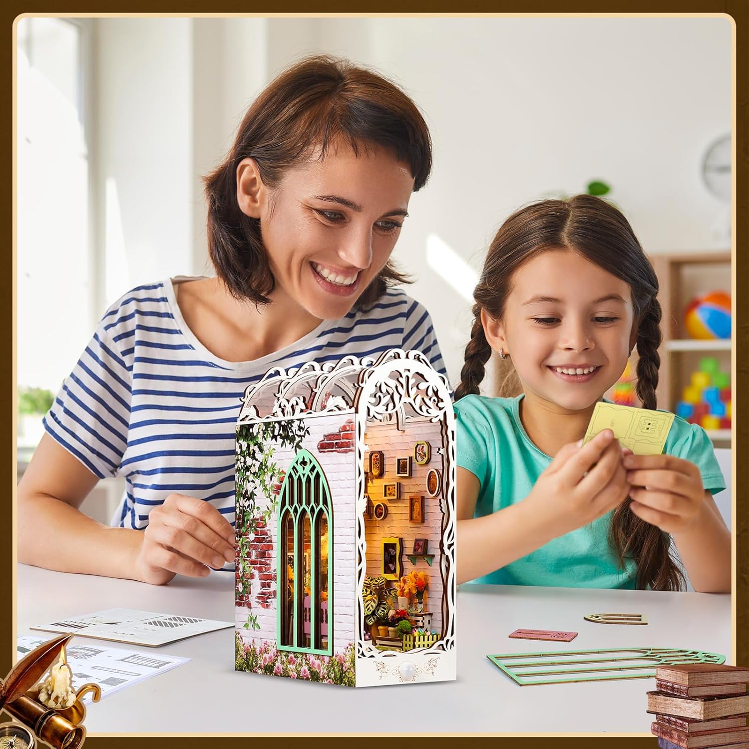Mother and daughter building the Garden House DIY kit together, perfect family craft activity.-uFunSpace