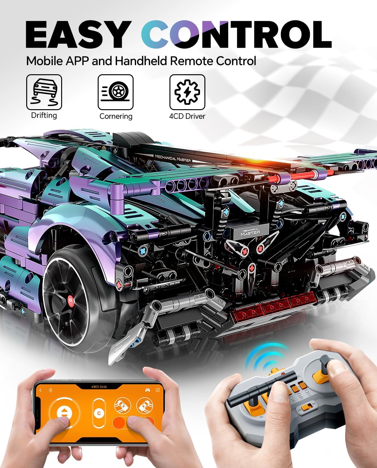 Super Electroplated Sports Car Building Kit, Adult Collectible Model and Racing Engineering Toy Set, 1:10 Scale Electric Drifting Remote Control Sports Car, Suitable for Adults Men Teenagers-uFunSpace