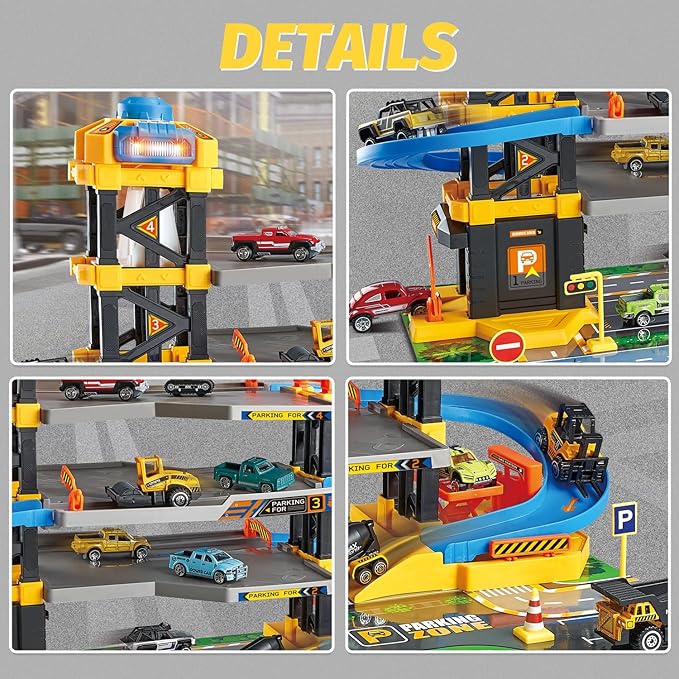 Parking Garage Toy Playset, Race Car Ramp Track Toys Sets Garage Playset with 6 Little Alloy Construction Cars Adventure Track-uFunSpace