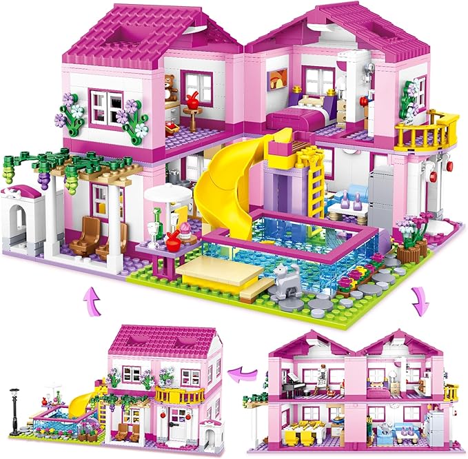 Pink Girls Summer Villa Friends Building Set Compatible with Lego Friends Construction Educational Toy for Kids Age 8-12 and Up 1018 PCS-uFunSpace