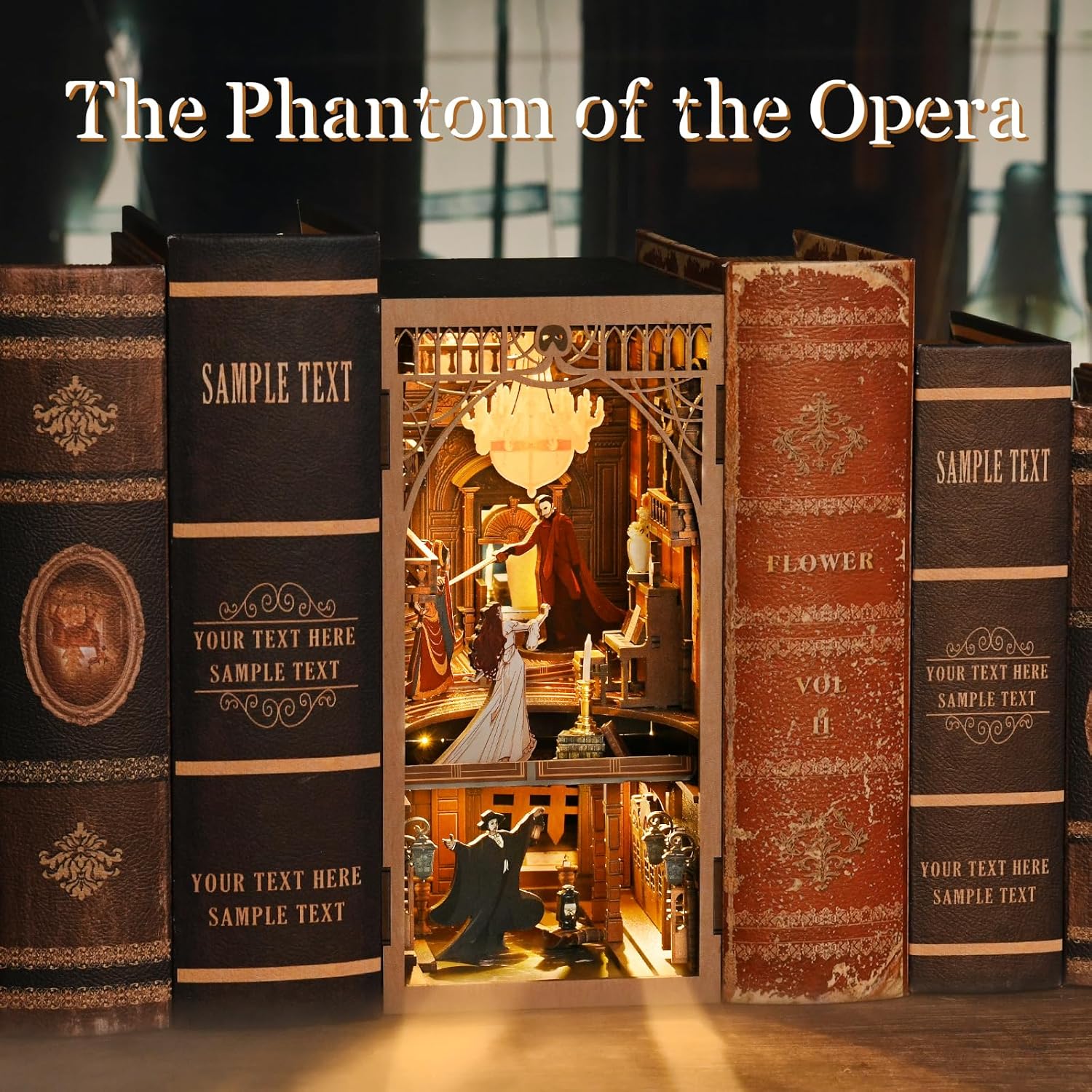 Phantom of the Opera DIY book nook kit displayed on a bookshelf between vintage books. -uFunSpace
