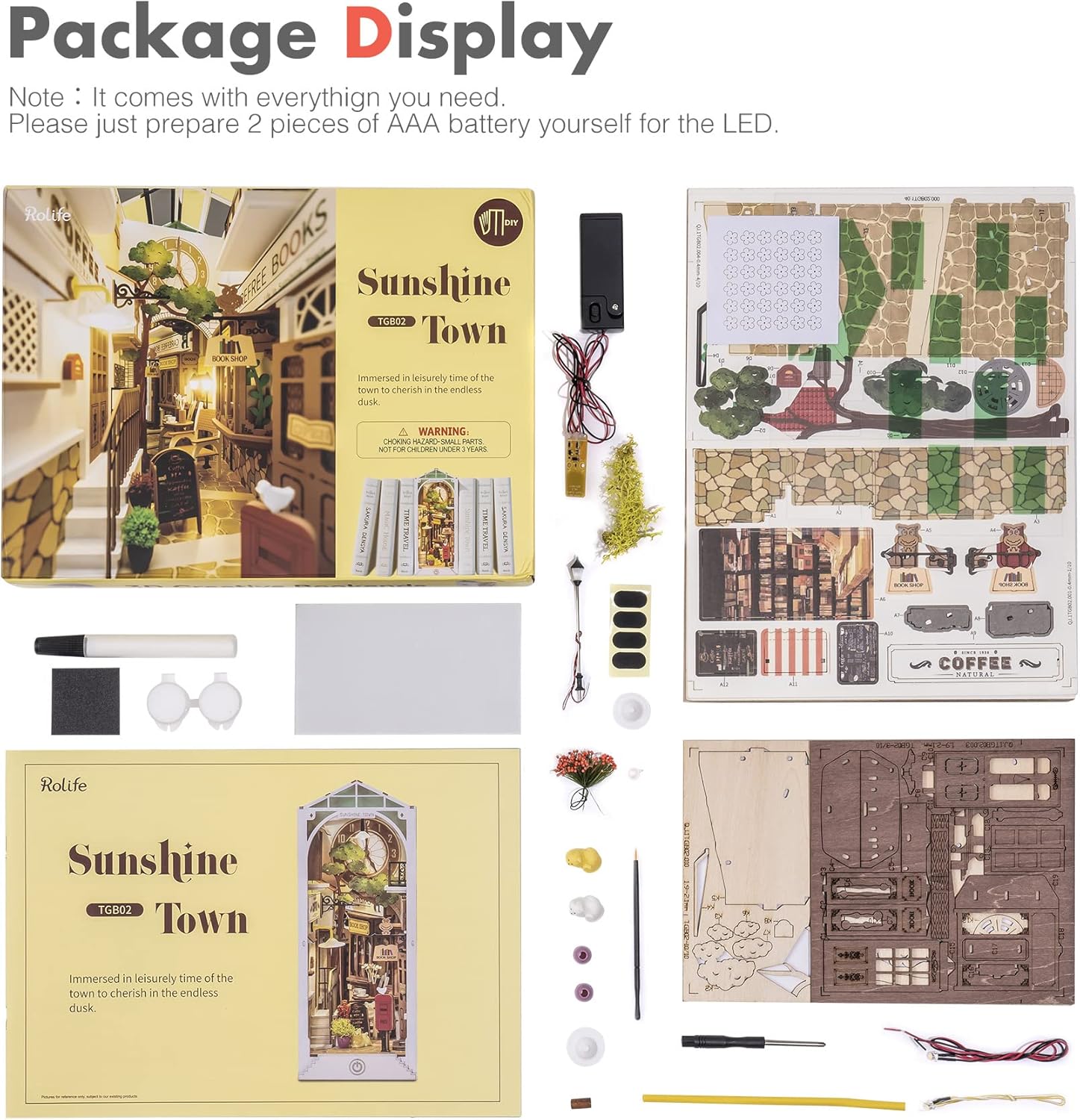 DIY Book Nook Kit 3D Wooden Puzzle for Adults 9.5" Bookshelf Indert Decor with LED Miniature Dollhouse Kit Bookend Crafts Diorama Hobbies Gifts for Boys Girls (Sunshine Town)-uFunSpace