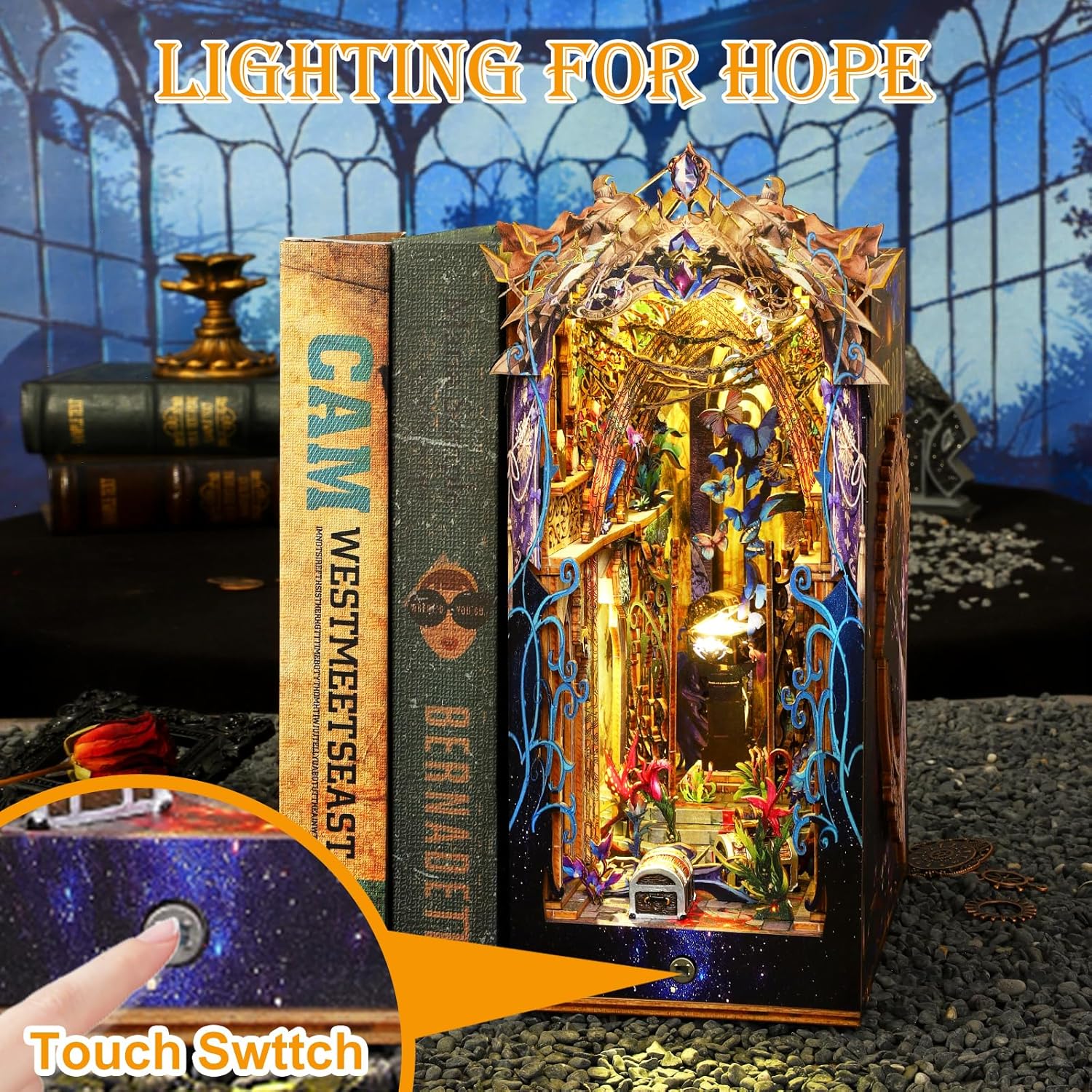 DIY Book Nook Kit with Music Box, 3D Wooden Puzzle with LED Light, DIY Dollhouse Booknook Bookshelf Insert Decor for Teens and Adults (Pandora's Box)-uFunSpace