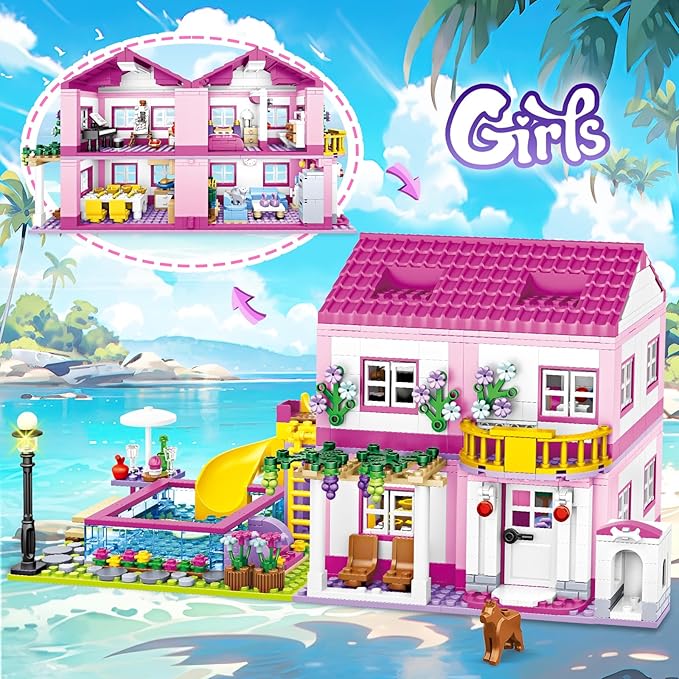 Pink Girls Summer Villa Friends Building Set Compatible with Lego Friends Construction Educational Toy for Kids Age 8-12 and Up 1018 PCS-uFunSpace