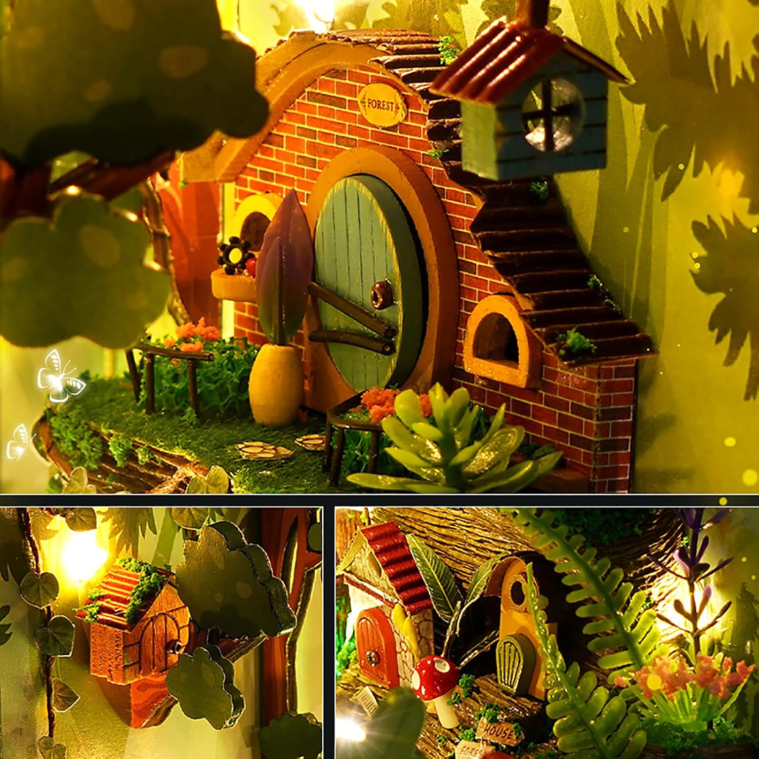 Detailed view of the miniature wooden door, plants, and birdhouse inside the Firefly Forest puzzle.