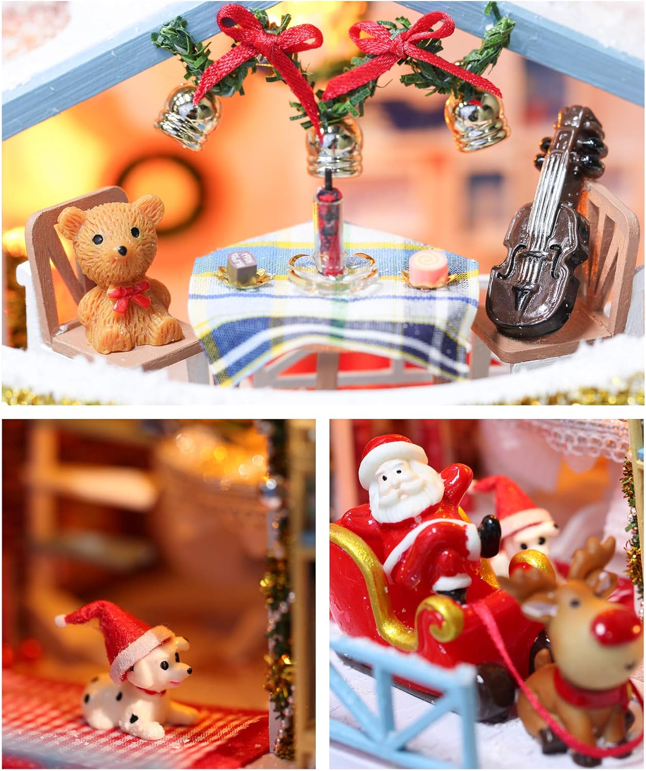 Macro details of miniature dollhouse furniture: a tiny teddy bear on a balcony chair and a miniature cello instrument-uFunSpace