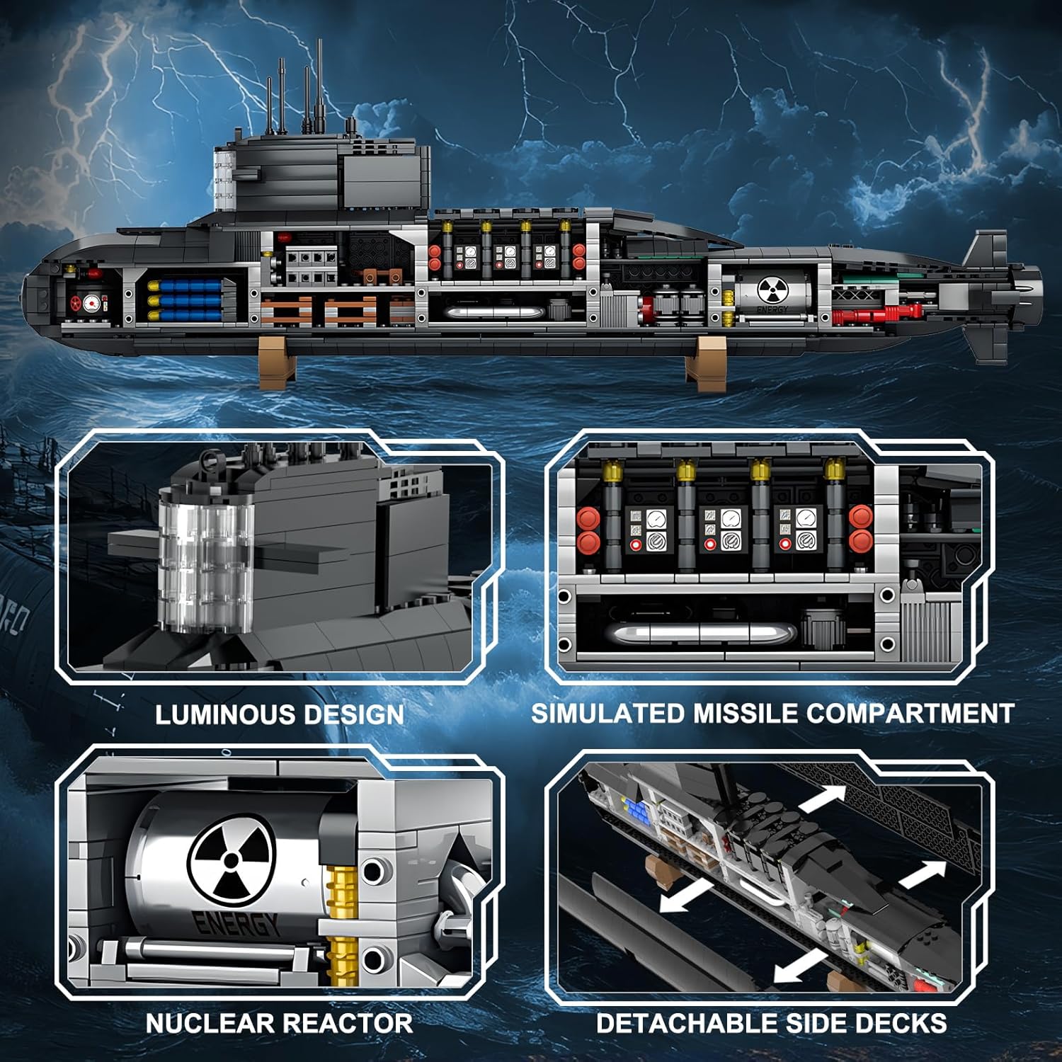 Strategic Nuclear Submarine Toy Building Blocks Set for Adult Kids, WW2 Historical Military Battleship Model Kit with Light, Home Office Decor Collection, Gift for Men Boys Teens 10 12 14 16+ (1498cs)-uFunSpace