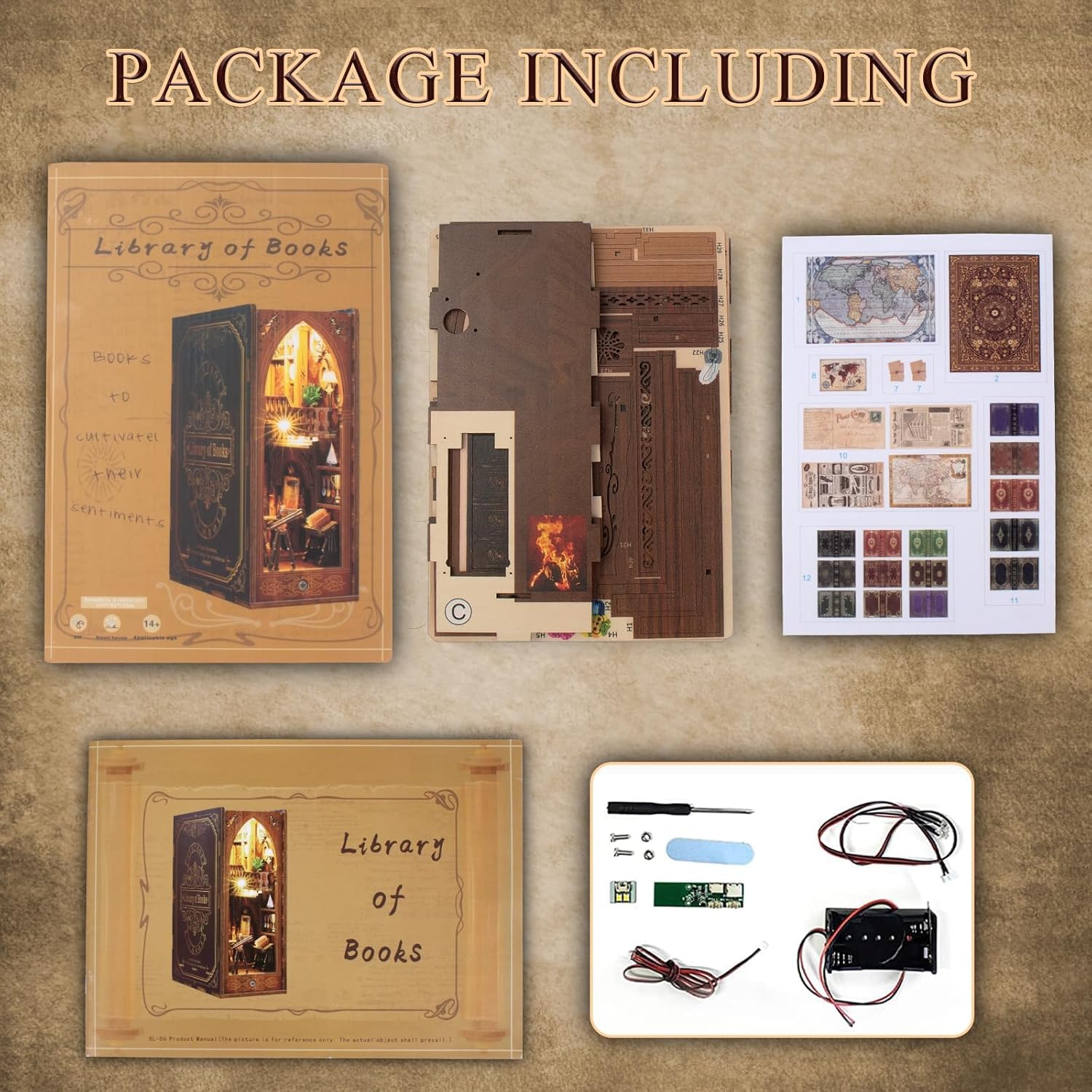 Package contents of the Library of Books kit, including wooden sheets, sensor light box, and assembly tools.-uFunSpace