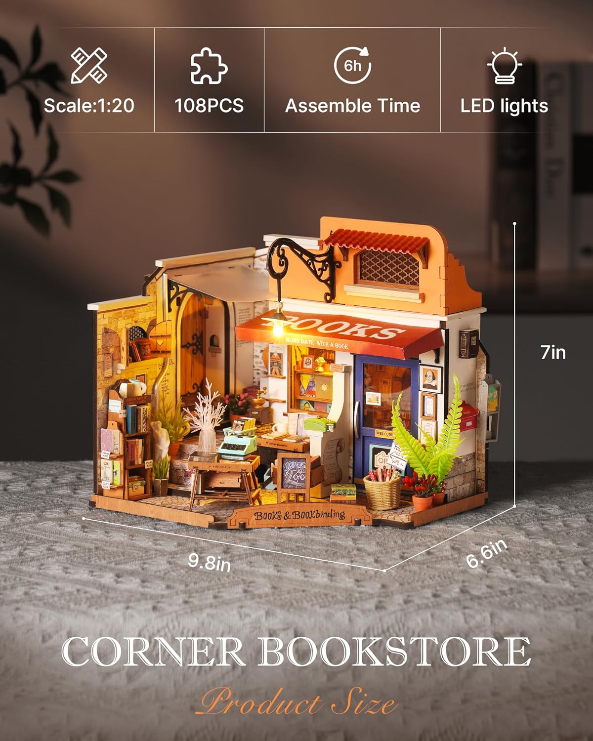 DIY Miniature House Kit 1:20 Scale Bookstore, Build Mini House Building Kit with LED Lights Craft Kits for Aduls Gifts for Him Her-uFunSpace