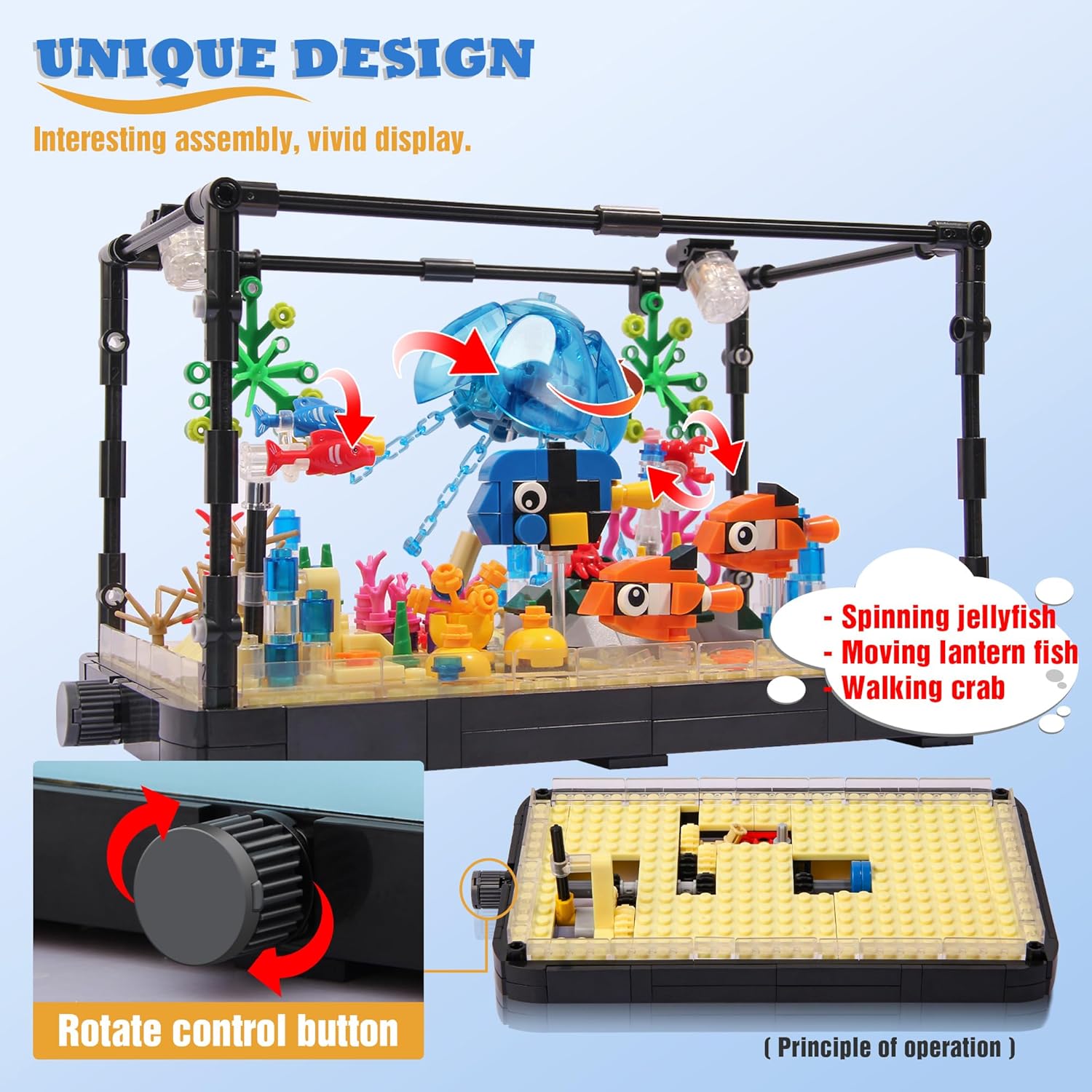 Fish Tank Building Block, Lighting Aquarium Building Sets for Adults and Kids Including Ocean Jellyfish, Dolphin, Turtle, Crab, Animal Building Toys for Boys Age 8-12, 725pcs-uFunSpace