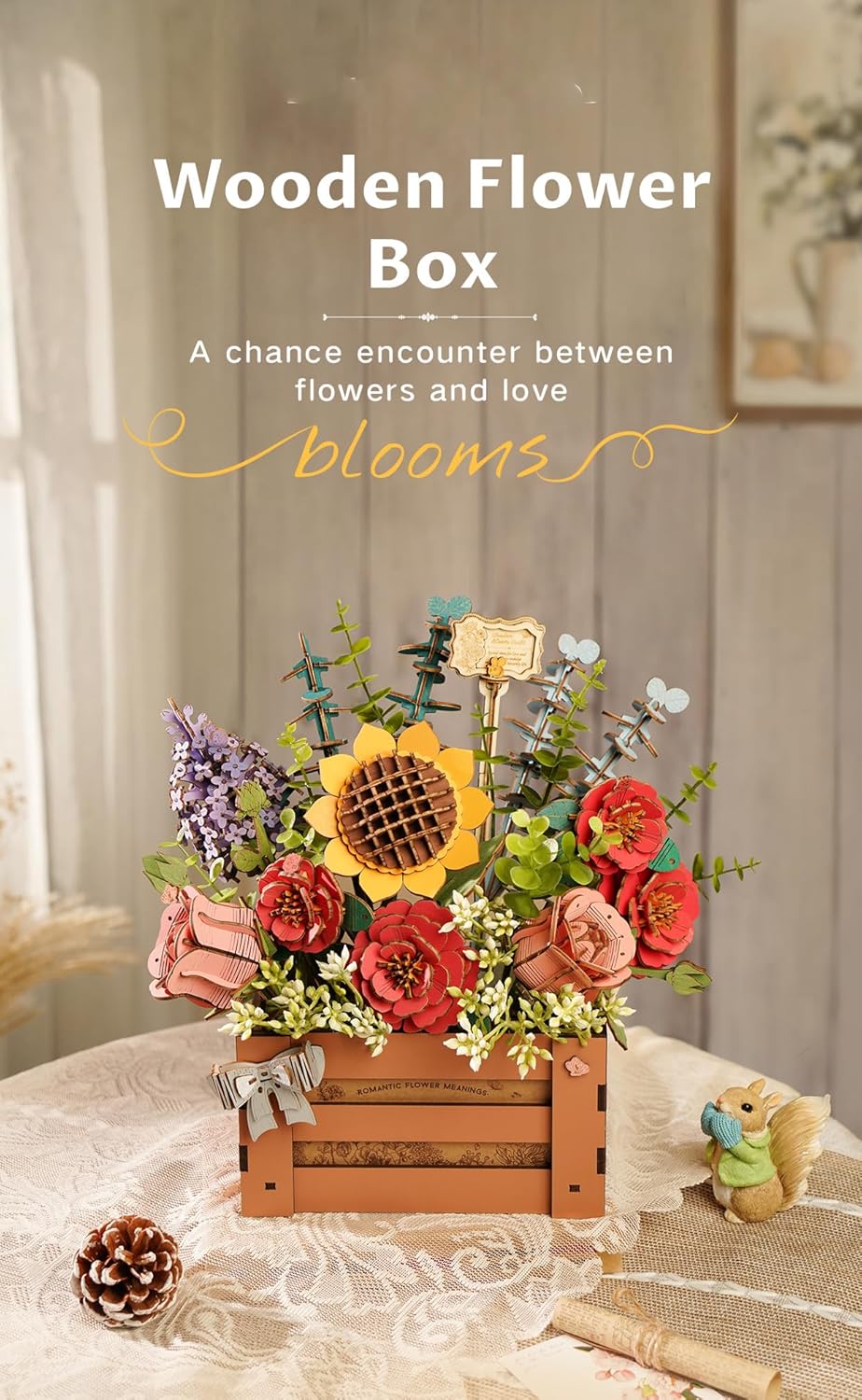 Artifical Flowers,Wooden Flower Bloom Box Building Toy Set,DIY 3D Wooden Puzzles for Adults,Botanical Collection Craft Kit as Thanksgiving Decoration Christmas Birthday Valentine Gift-uFunSpace